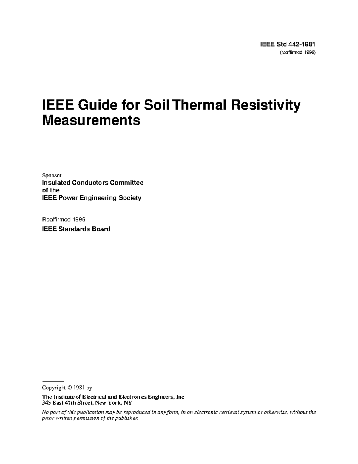 IEEE Std 442-1981: Comprehensive Guide for Soil Thermal Resistivity ...