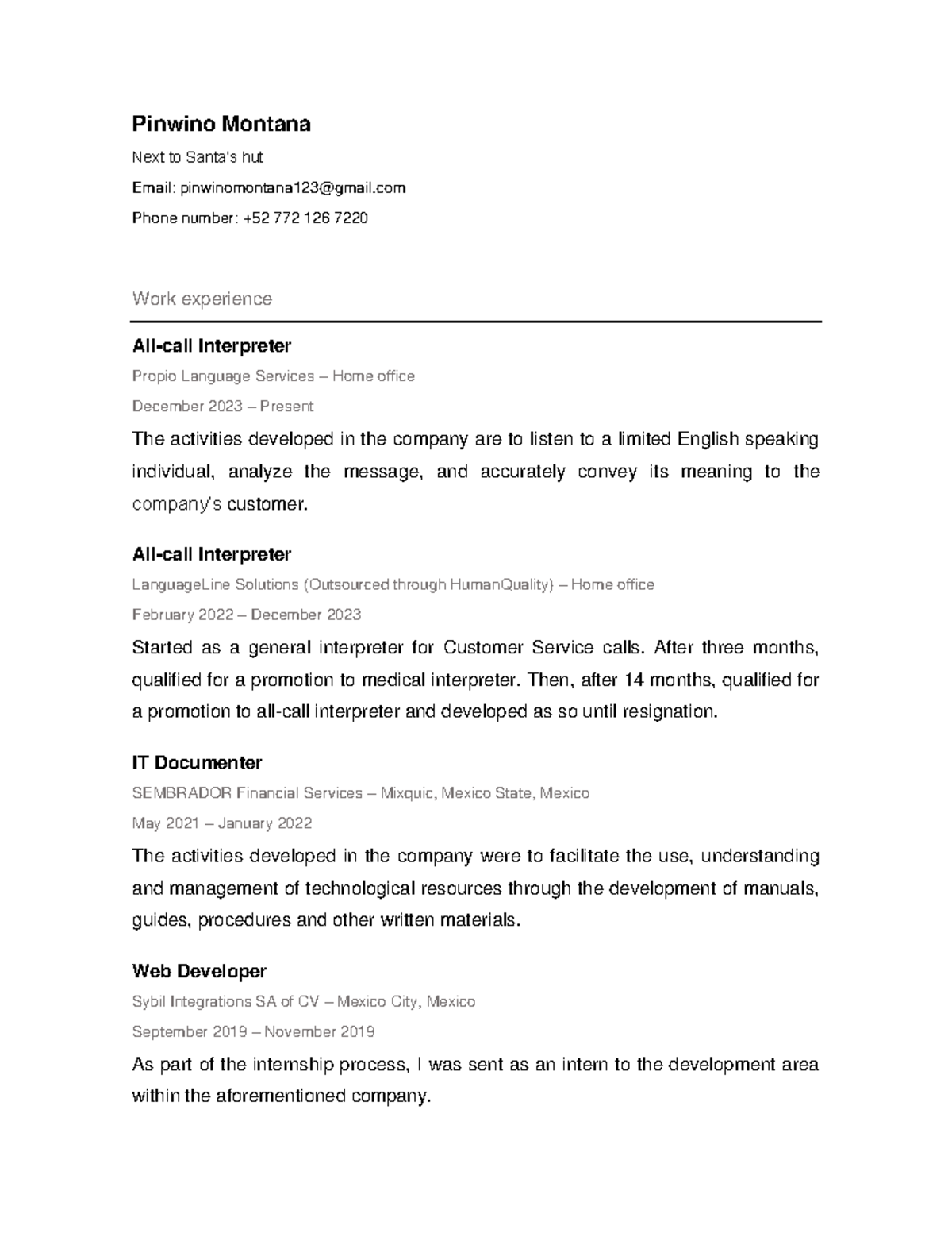 Pinwino - Professional Experience and Skills Summary - Studocu