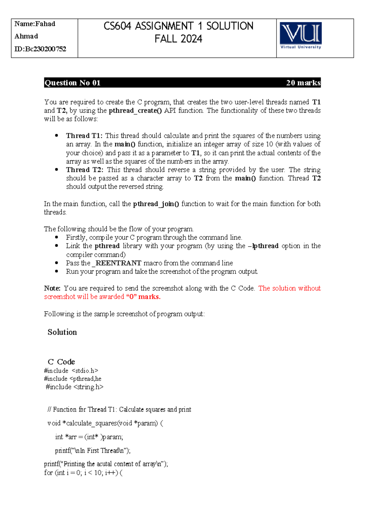 Fall 2024 CS604P Assignment 1: C Program with Threads Solution - Studocu