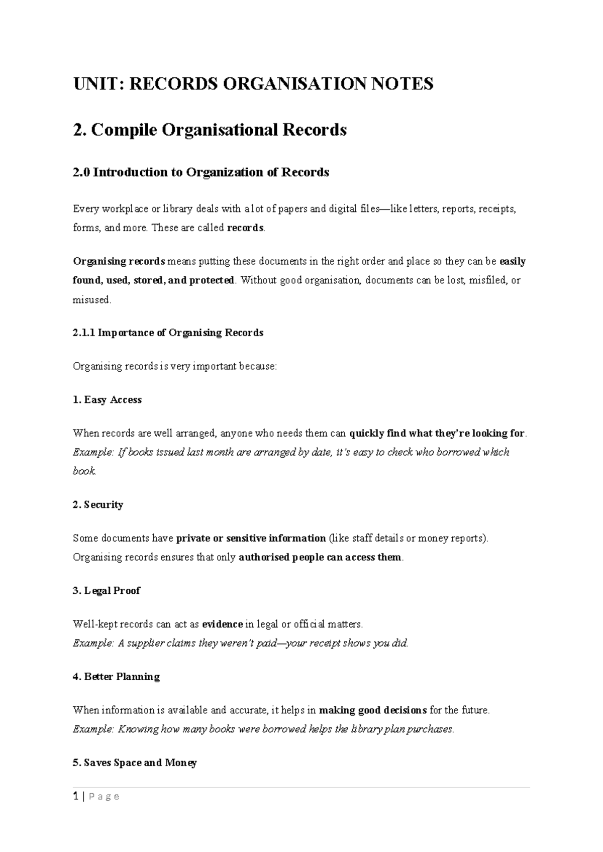 UNIT: RECORDS ORGANISATION NOTES - Processing of Information Materials ...
