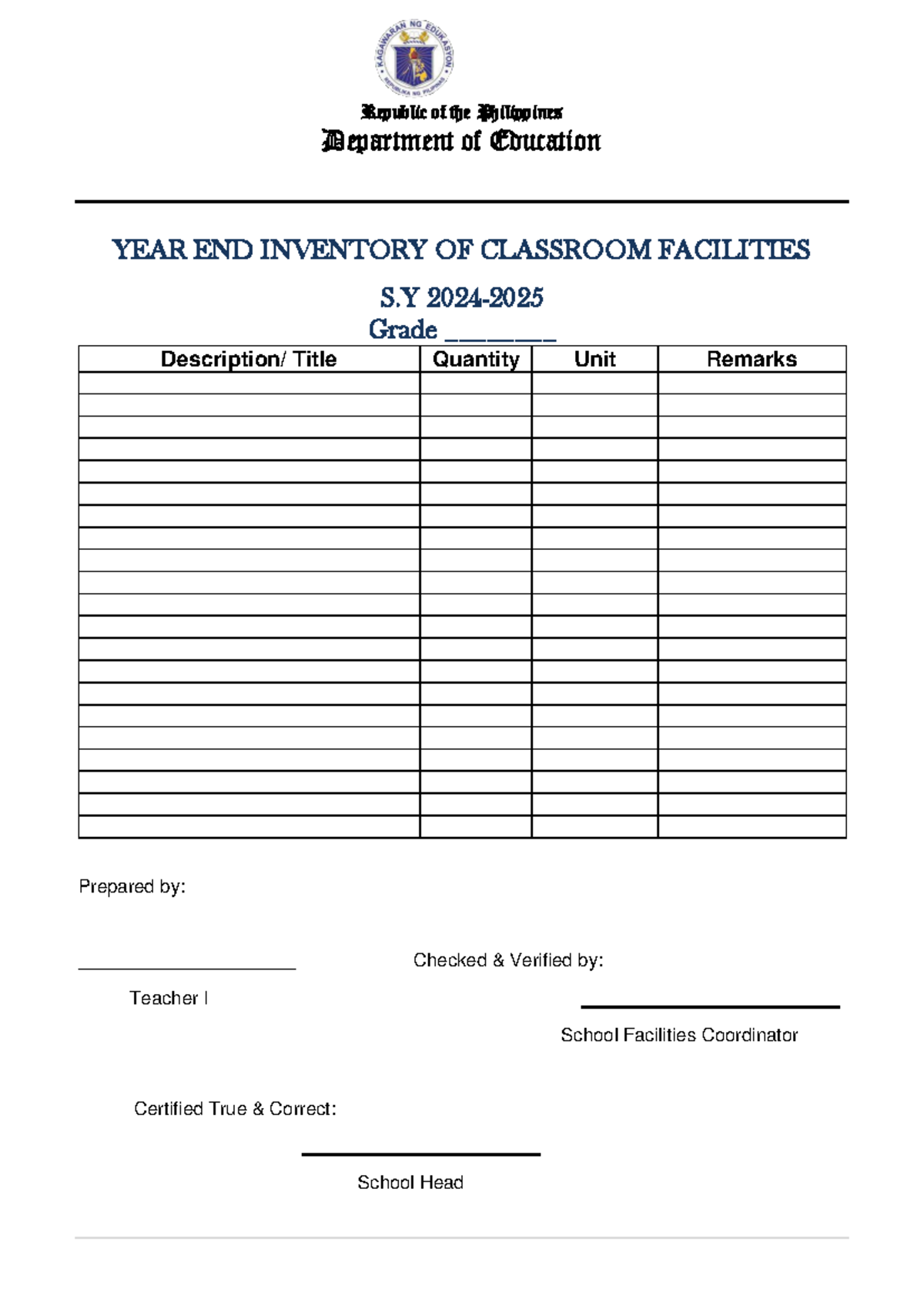 Classroom Inventory OF Facilities - Elementary Education - Republic of ...