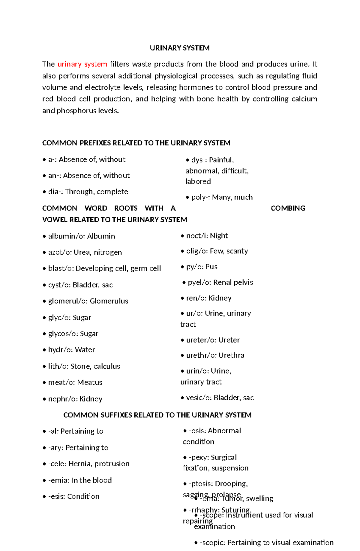 URINARY SYSTEM (BIO 101): Comprehensive Summary Notes - Studocu
