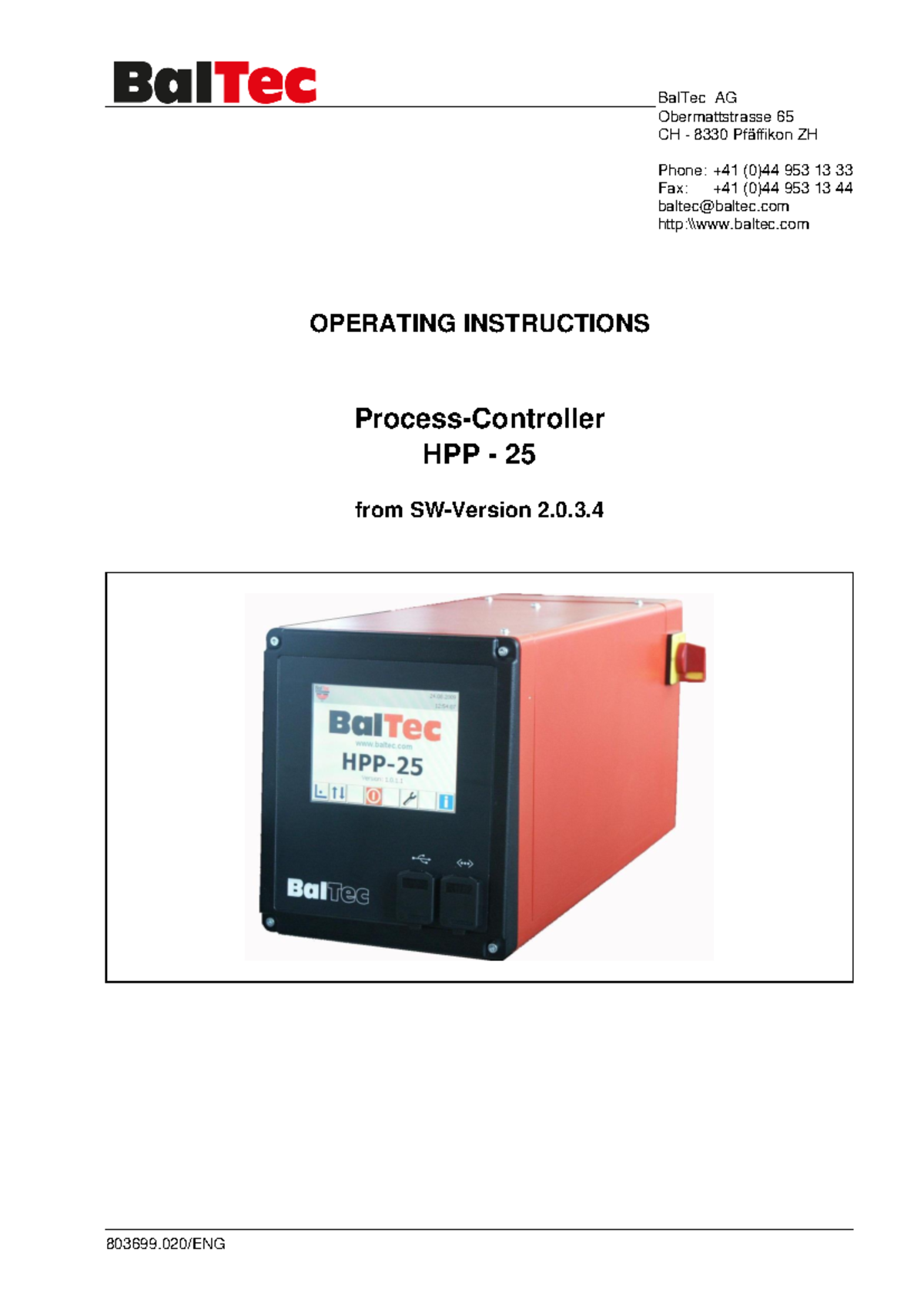 Baltec AG HPP 25 Controller Operating Instructions Manual - Studocu