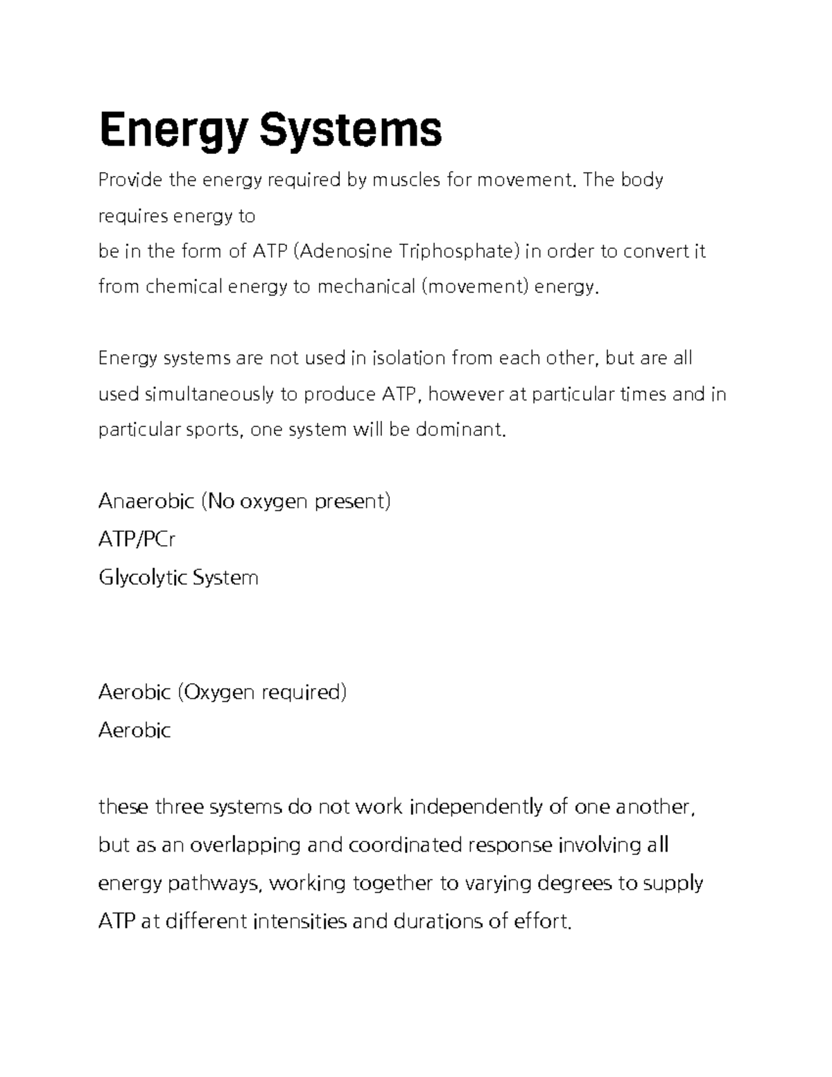 Energy Systems and Circulatory System Overview (Biology 101) - Studocu