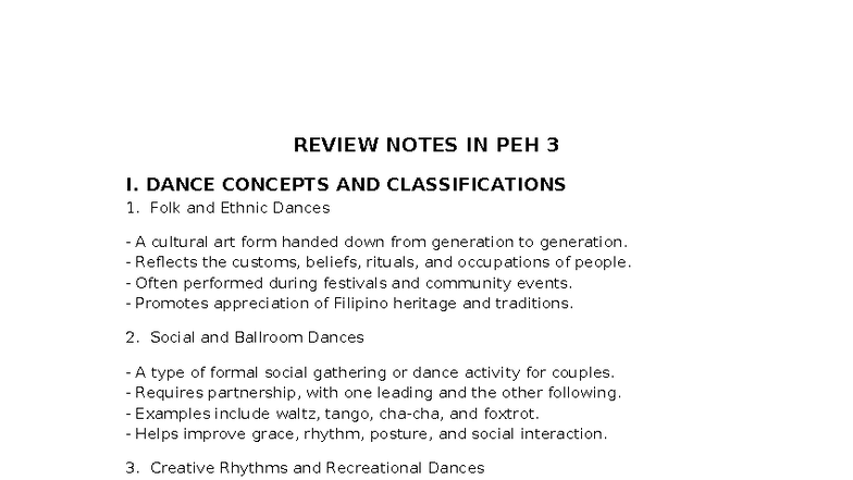 Review Notes on Dance Concepts and Physical Activity in PEH 3 - Studocu