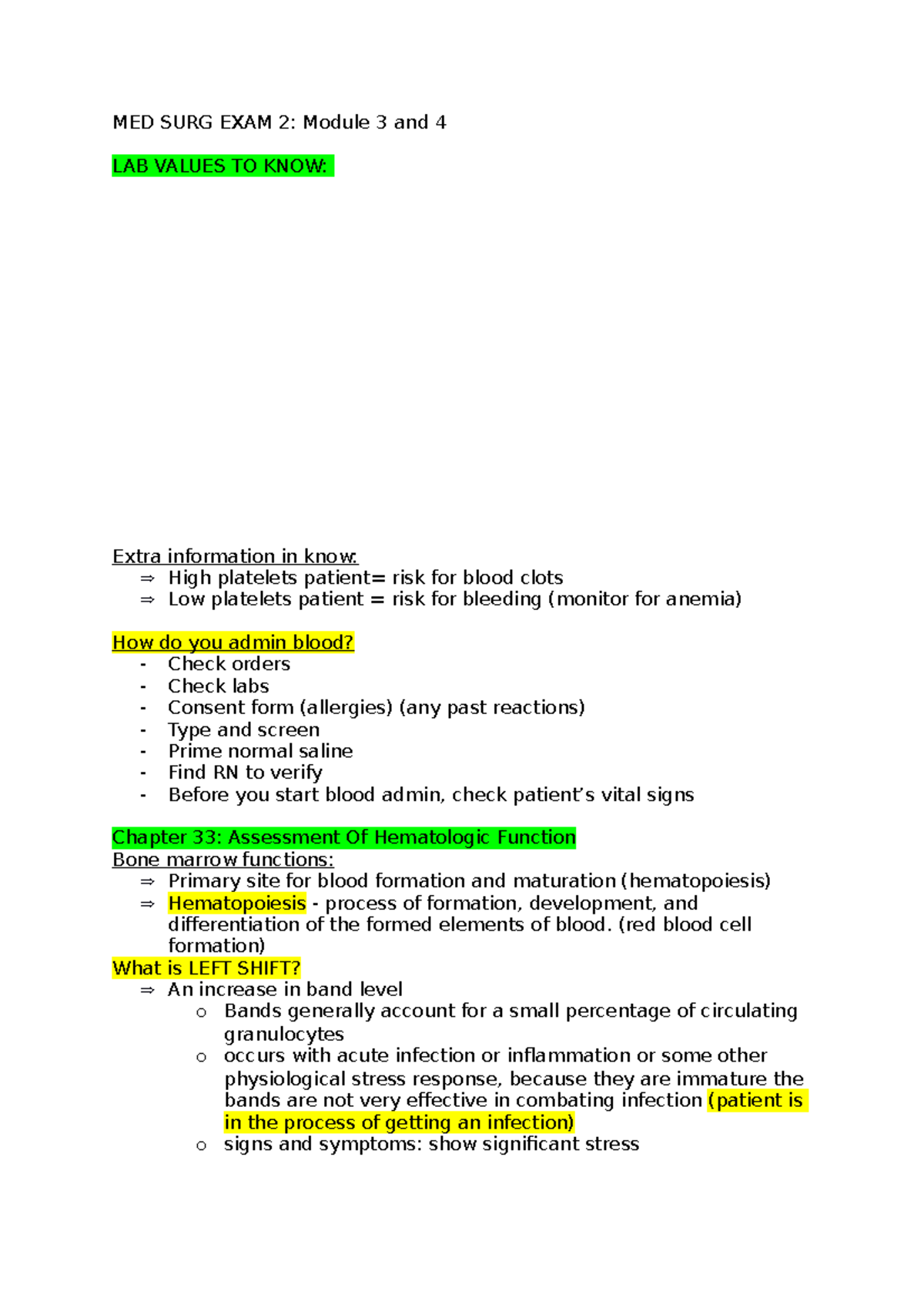 NUR 425 MED SURG EXAM 2 Review: Key Concepts and Lab Values - Studocu