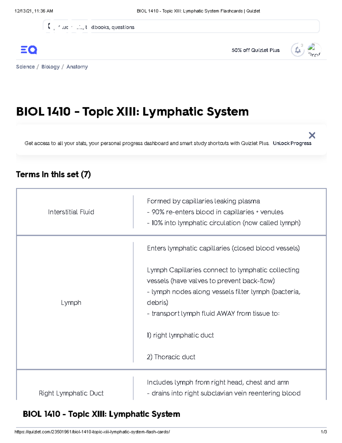 BIOL 1410 - Final Exam Review: Lymphatic System Flashcards - Studocu
