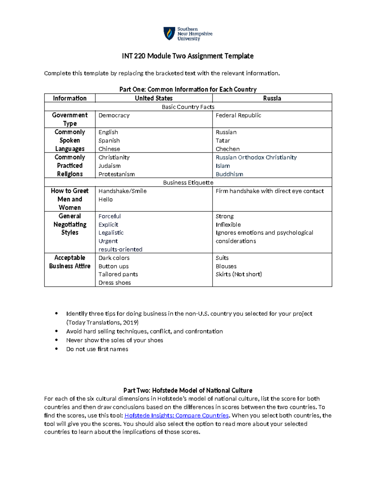 INT 220 Assignment: Cultural Comparison - U.S. vs. Russia Analysis ...
