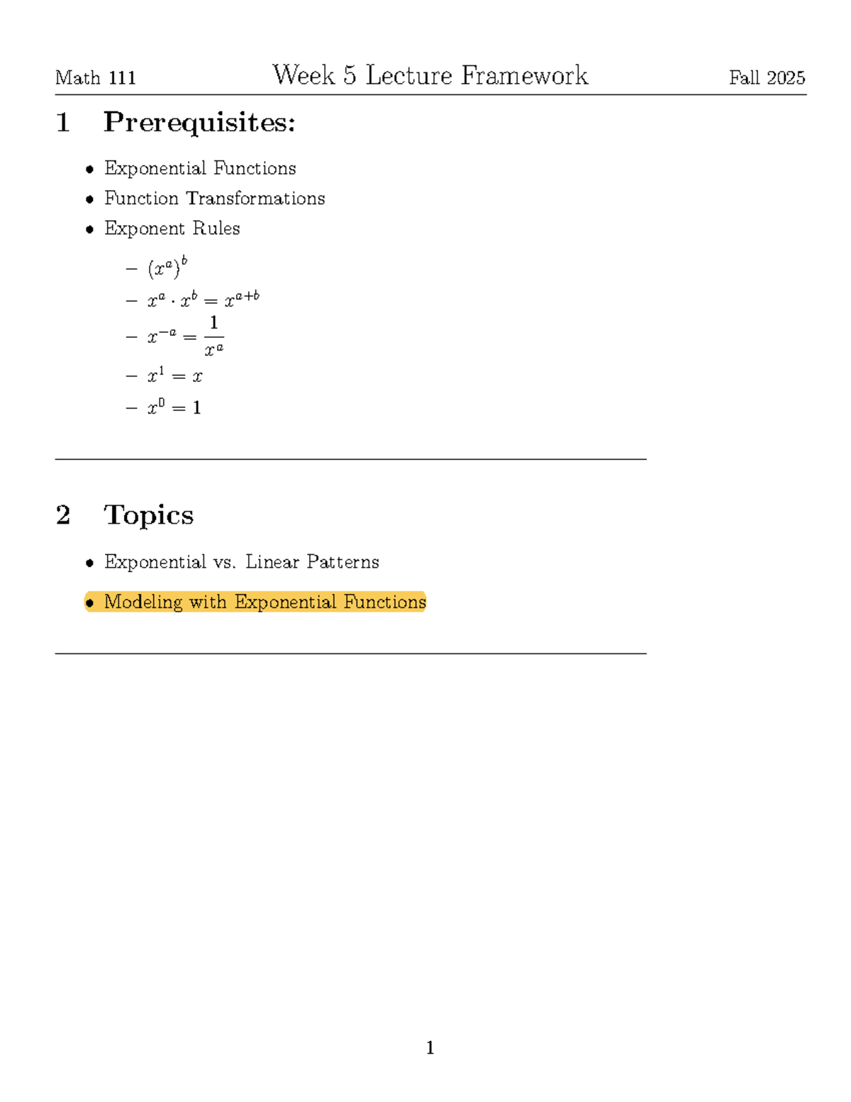 Math 111 Week 5 Lecture Framework: Exponential Functions & Applications ...