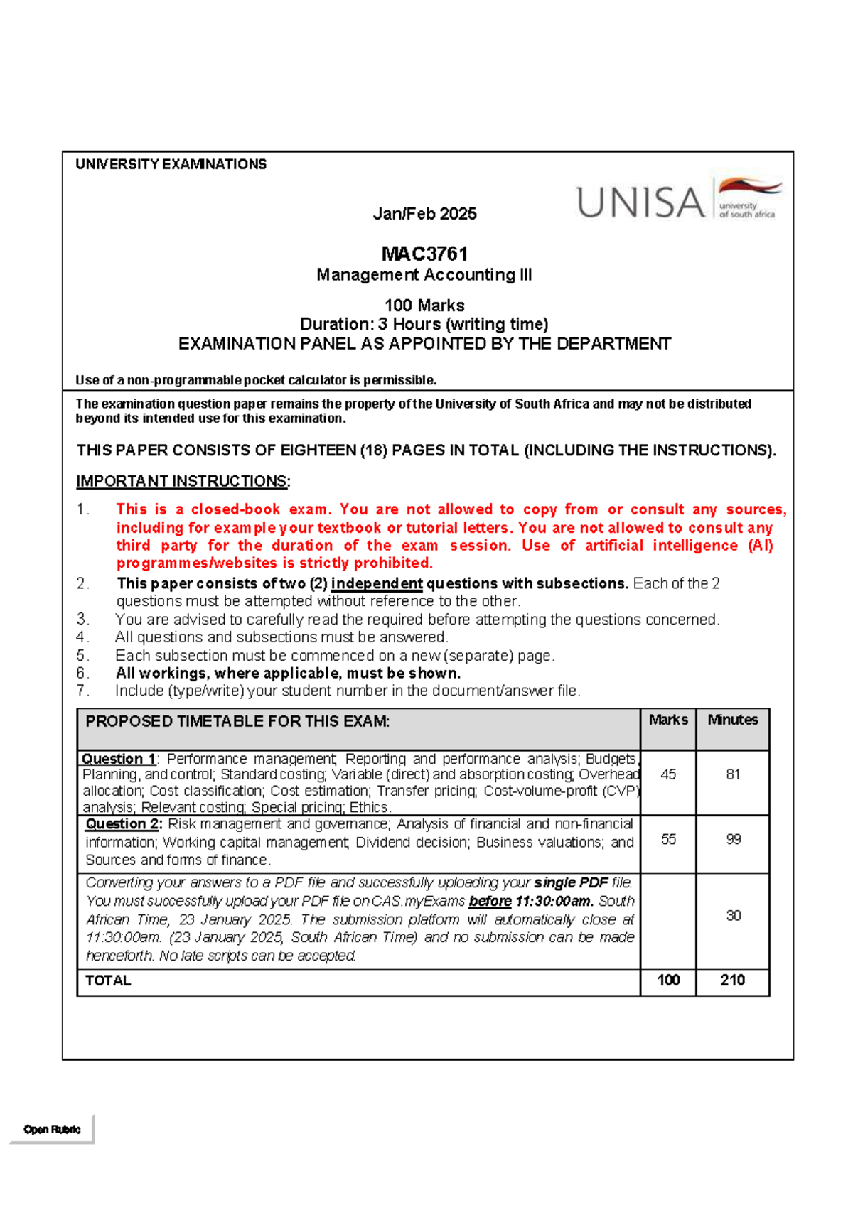 MAC3761 Management Accounting Final Exam Paper - January 2025 - Studocu