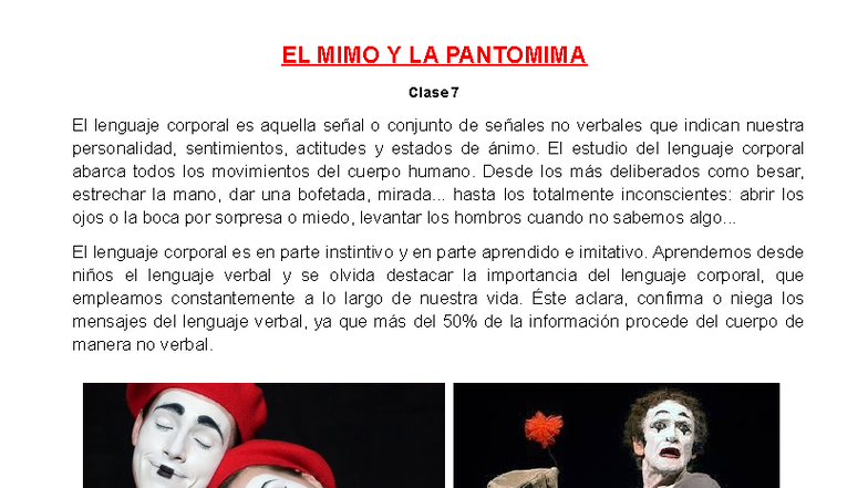 EL MIMO Y LA PANTOMIMA - Clase 7: Lenguaje Corporal y Expresión - Studocu