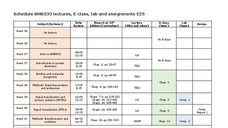 BMB533 E25 Lecture, Lab & Assignment Schedule Overview - Studocu