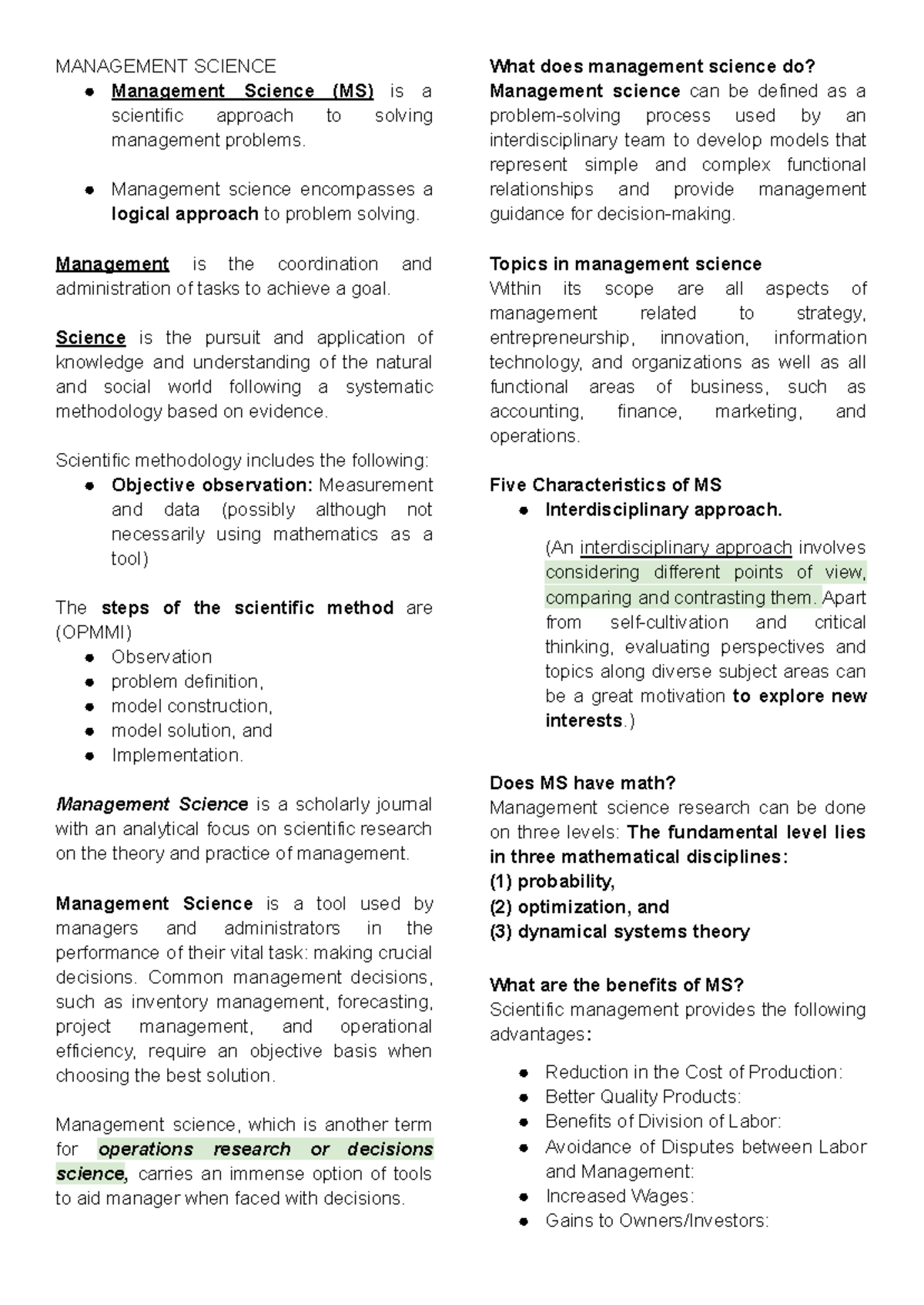 MNGT 2 Preliminary Review: Fundamentals of Management Science - Studocu