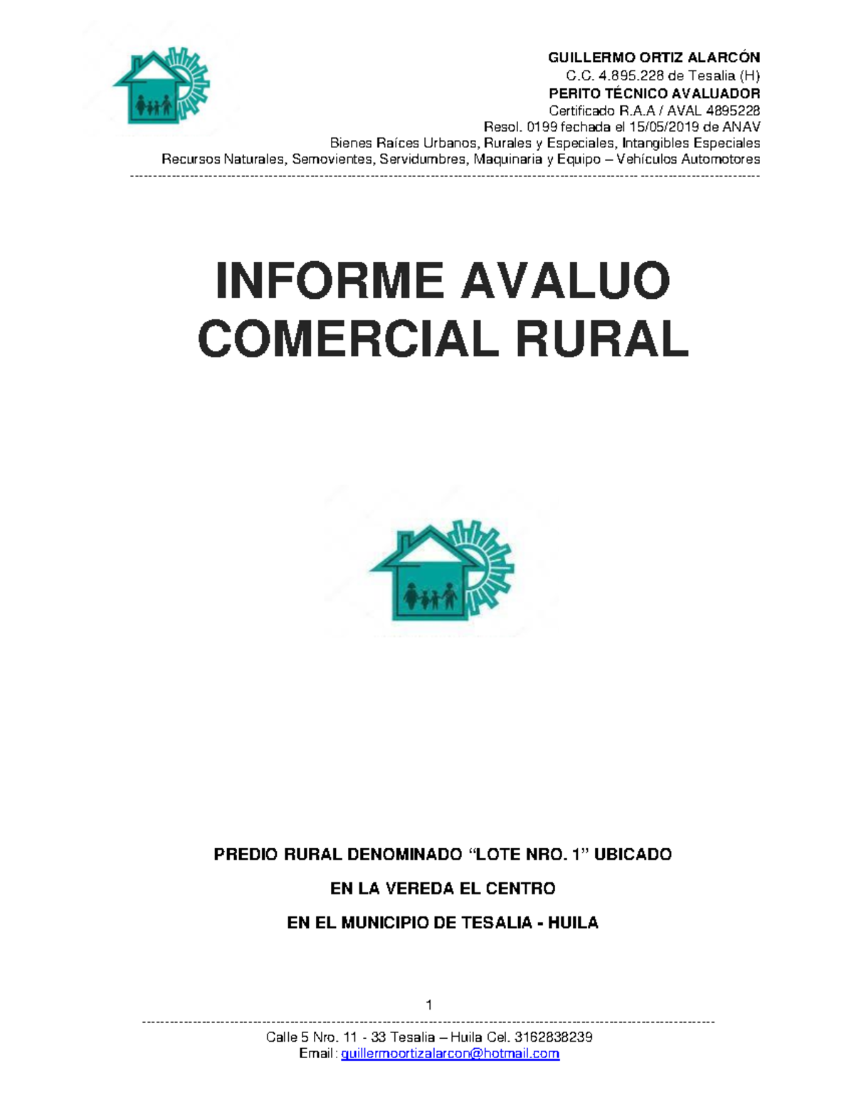 Informe de Avalúo Comercial Rural LOTE NRO. 1 - Tesalia Huila - Document Preview