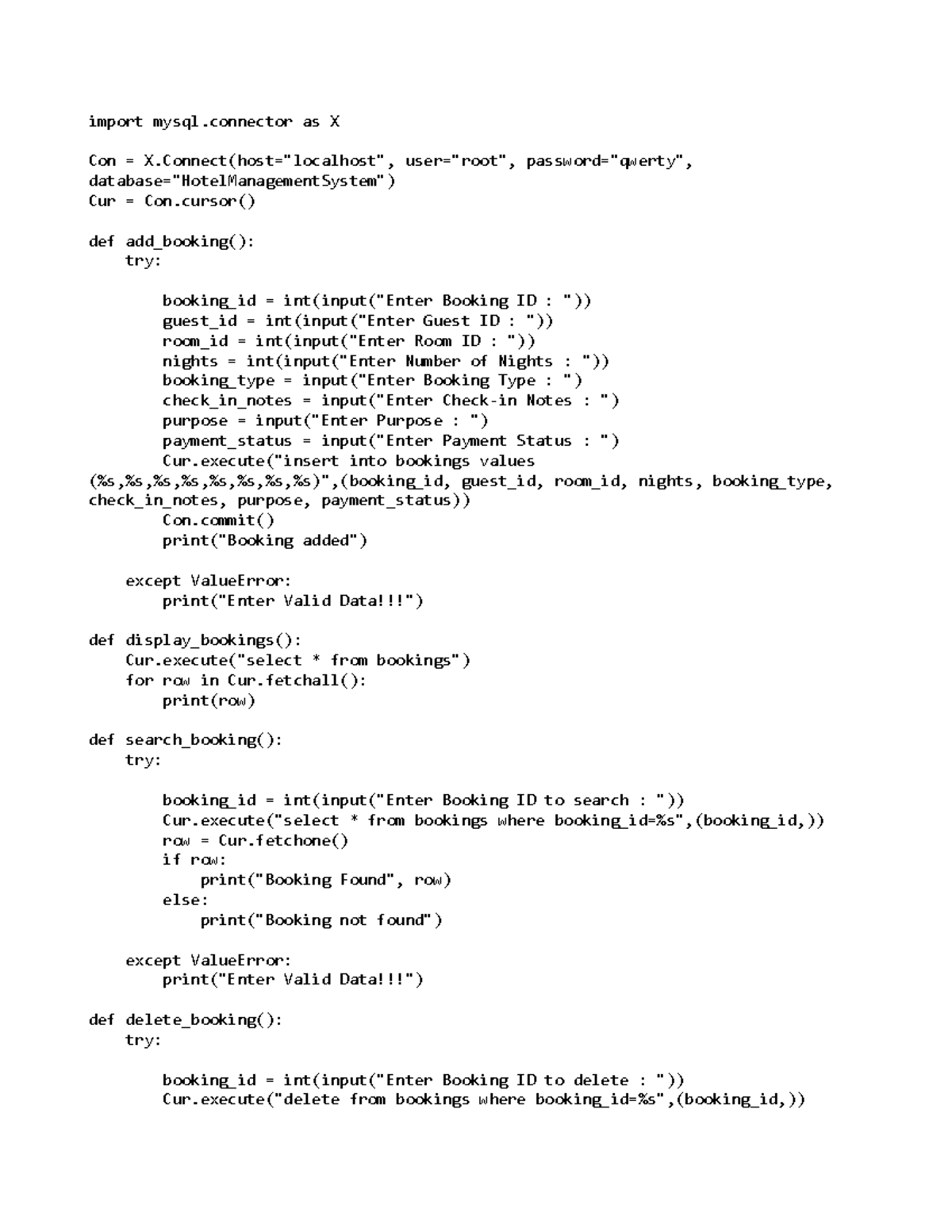 Hotel Management System: Python Code Implementation (CS101) - Studocu