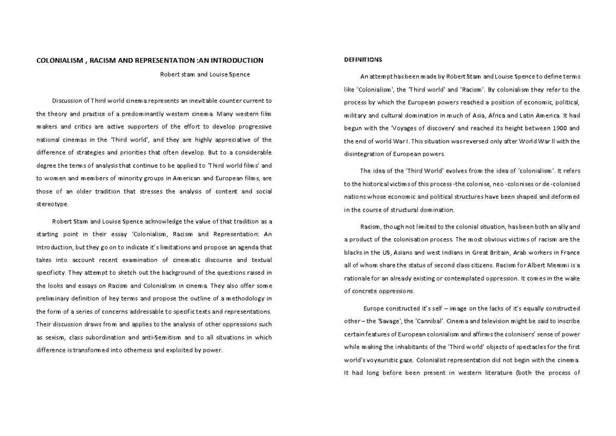 Notes on Colonialism, Racism, and Representation: An Intro (Course Code ...