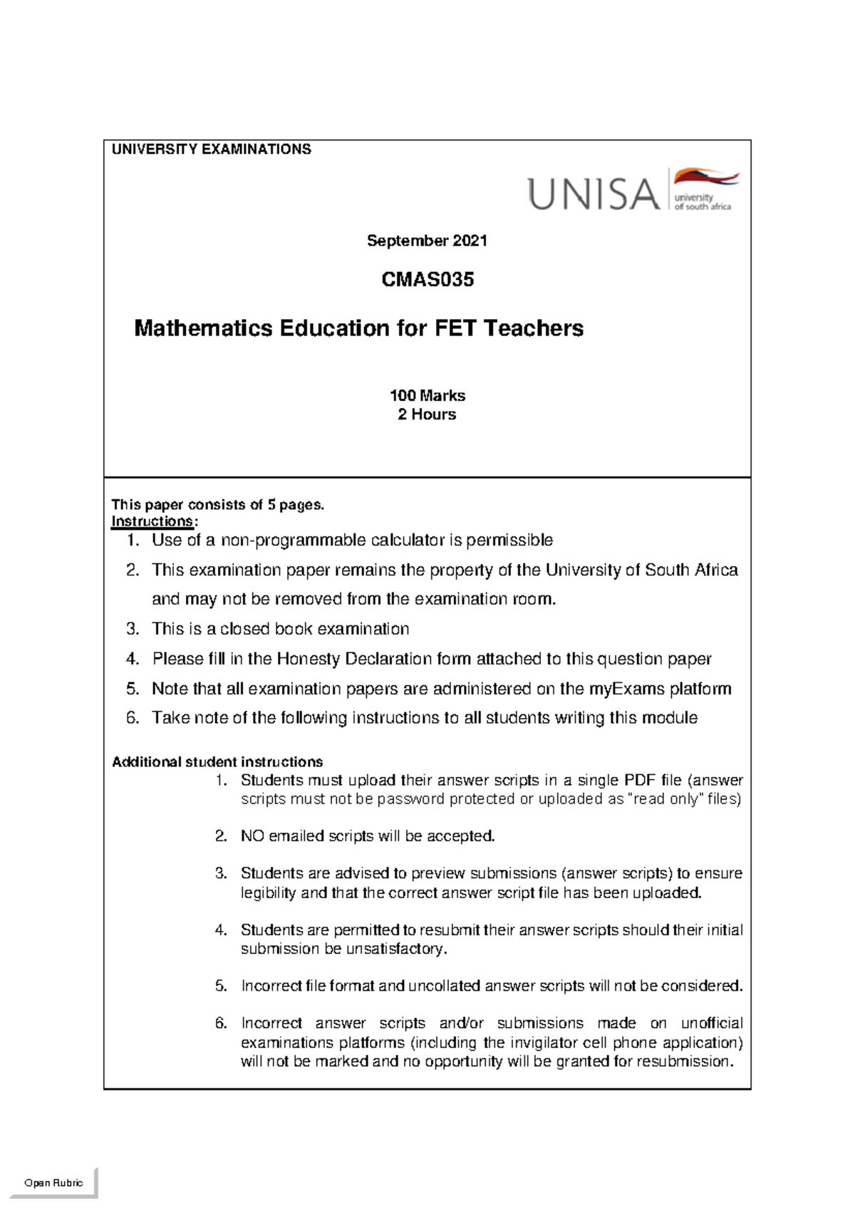 Cmaso 35 - Study guide - UNIVERSITY EXAMINATIONS September 2021 CMAS ...