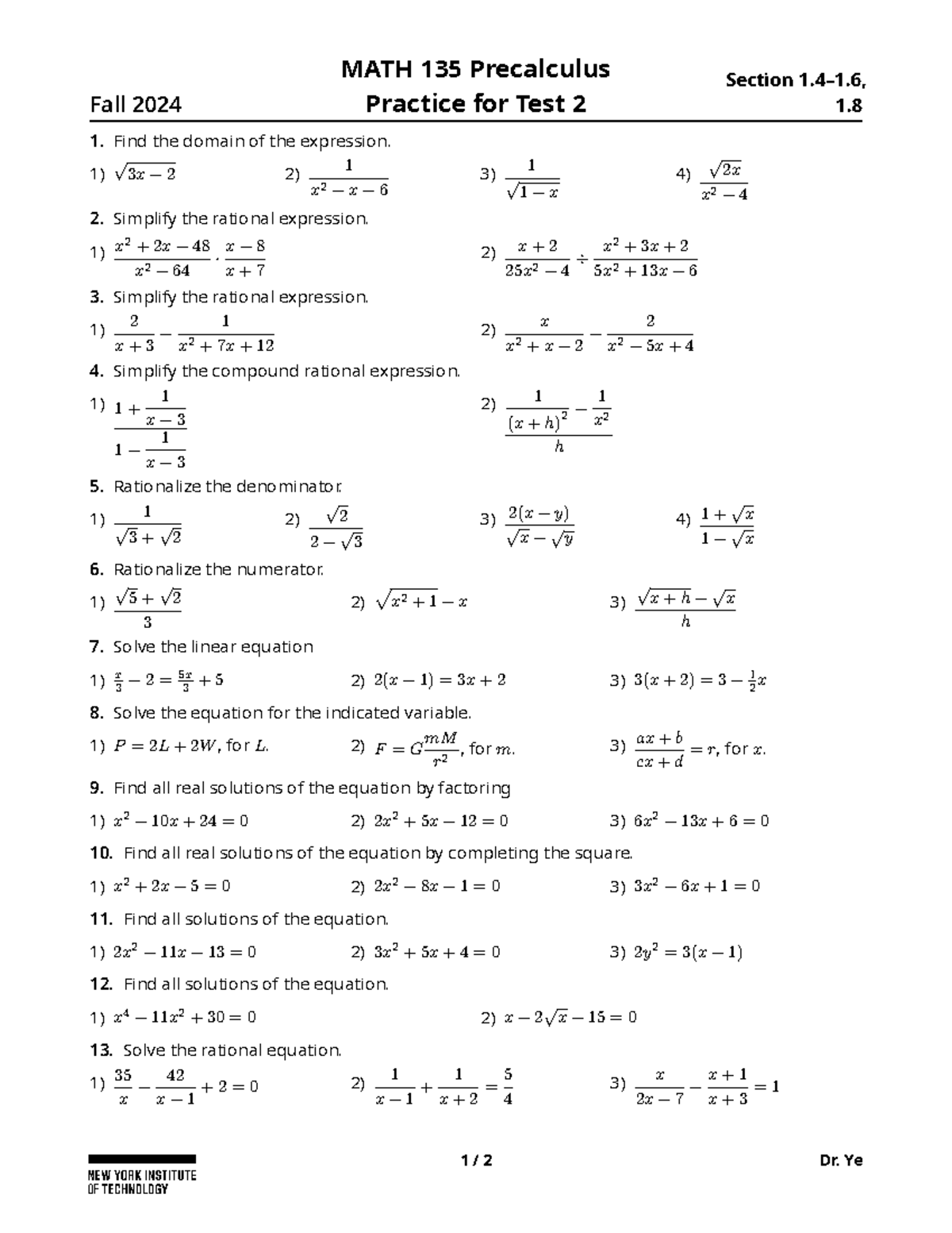 Review 2 - Test Practice Problems - Fall 2024 MATH 135 Precalculus ...