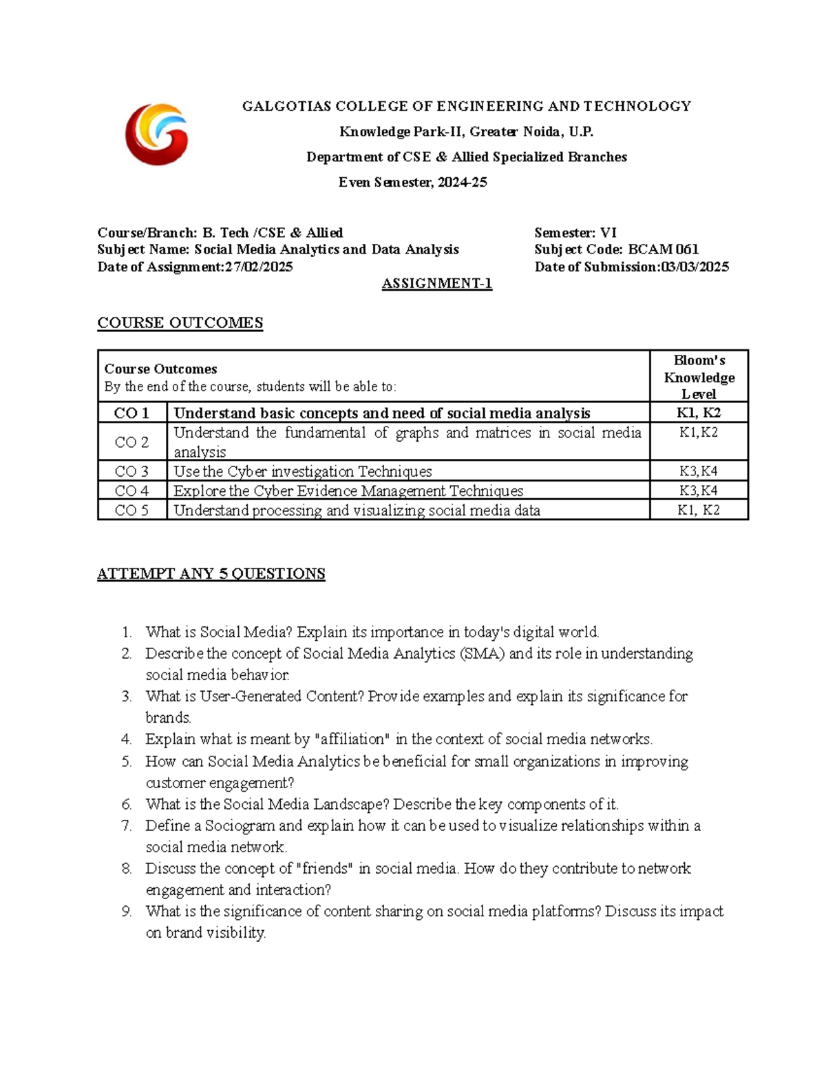 BCAM 061 Social Media Analytics Assignment 1 - Semester VI - Studocu
