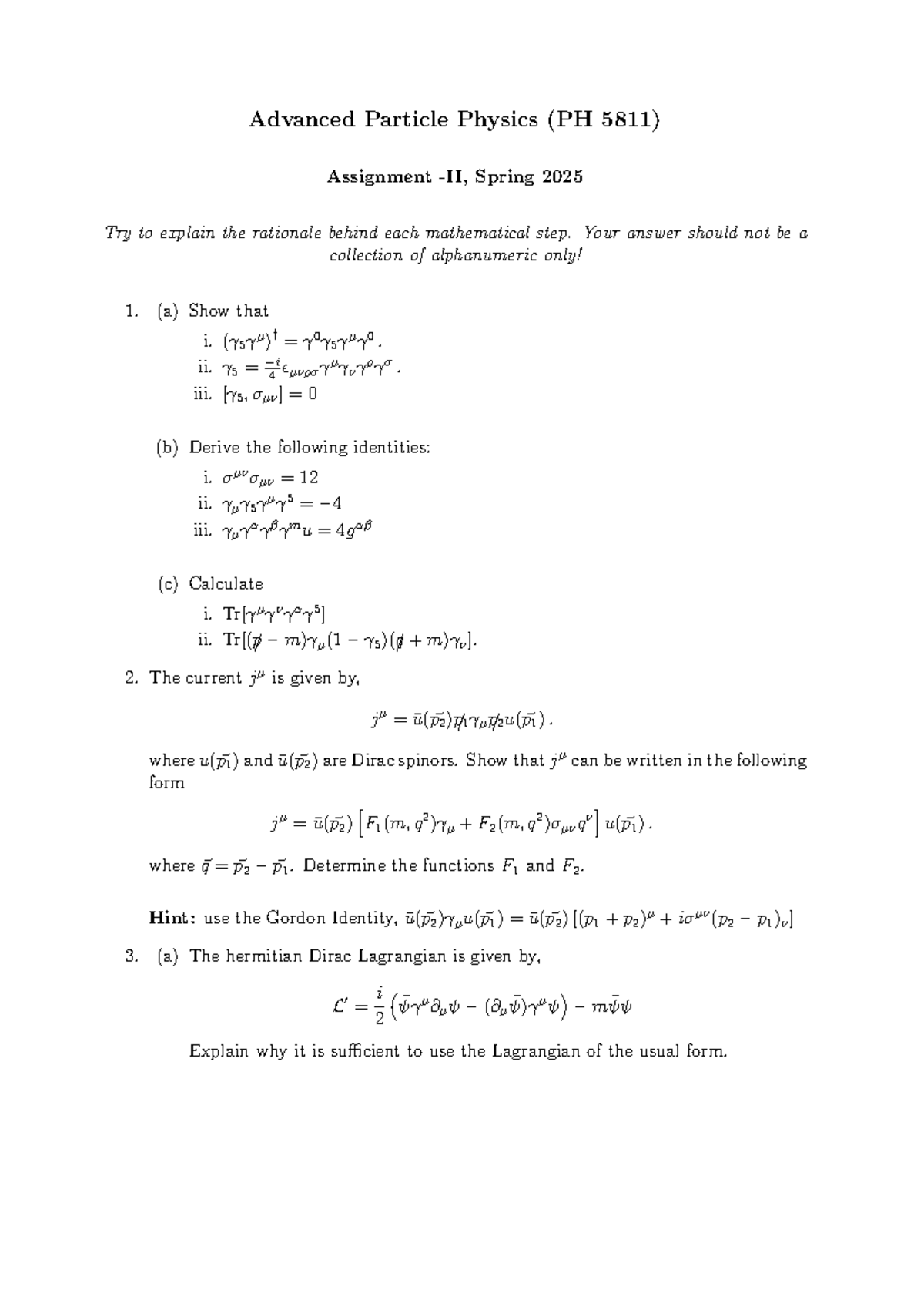 Advanced Particle Physics (PH 5811) Assignment 2: Mathematical Steps ...