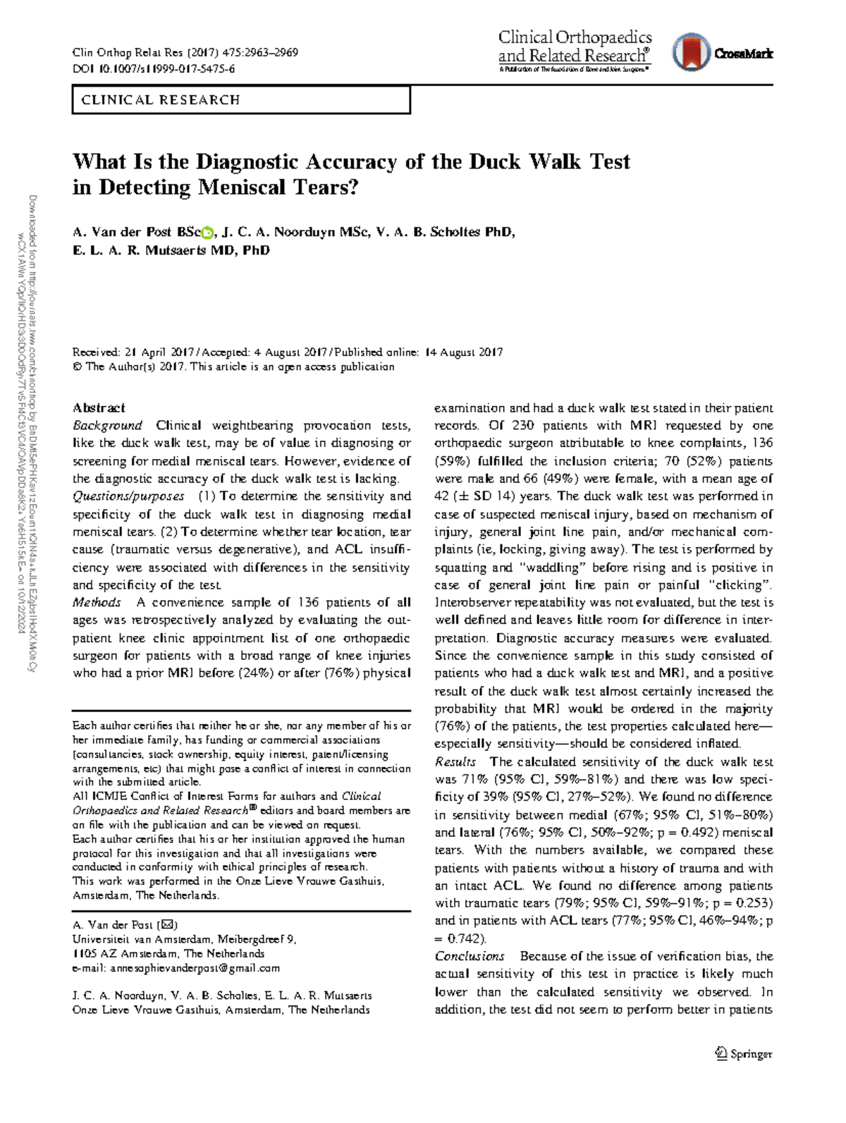 Diagnostic Accuracy of the Duck Walk Test for Meniscal Tears (CLIN ...