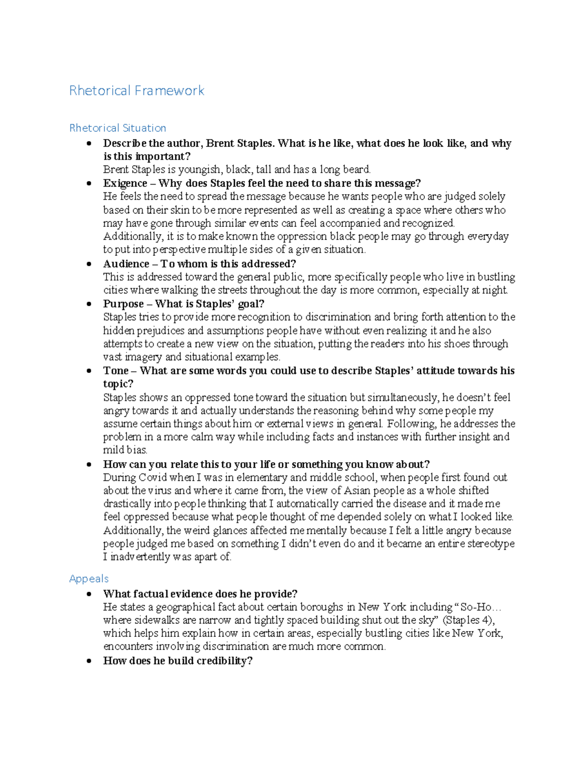 Just Walk on By: Analyzing Brent Staples' Rhetorical Framework - Studocu