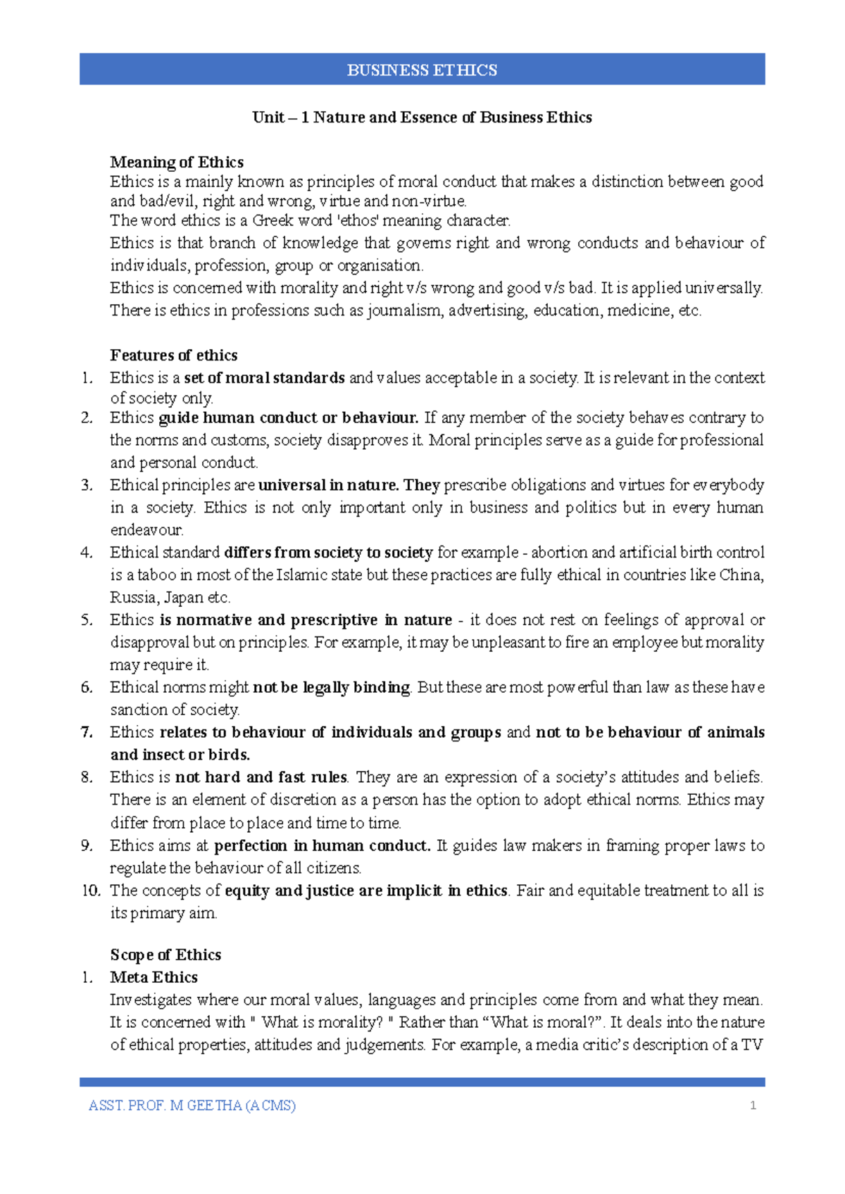 Module 1 - Nature and Essence of Business Ethics - Unit – 1 Nature and ...
