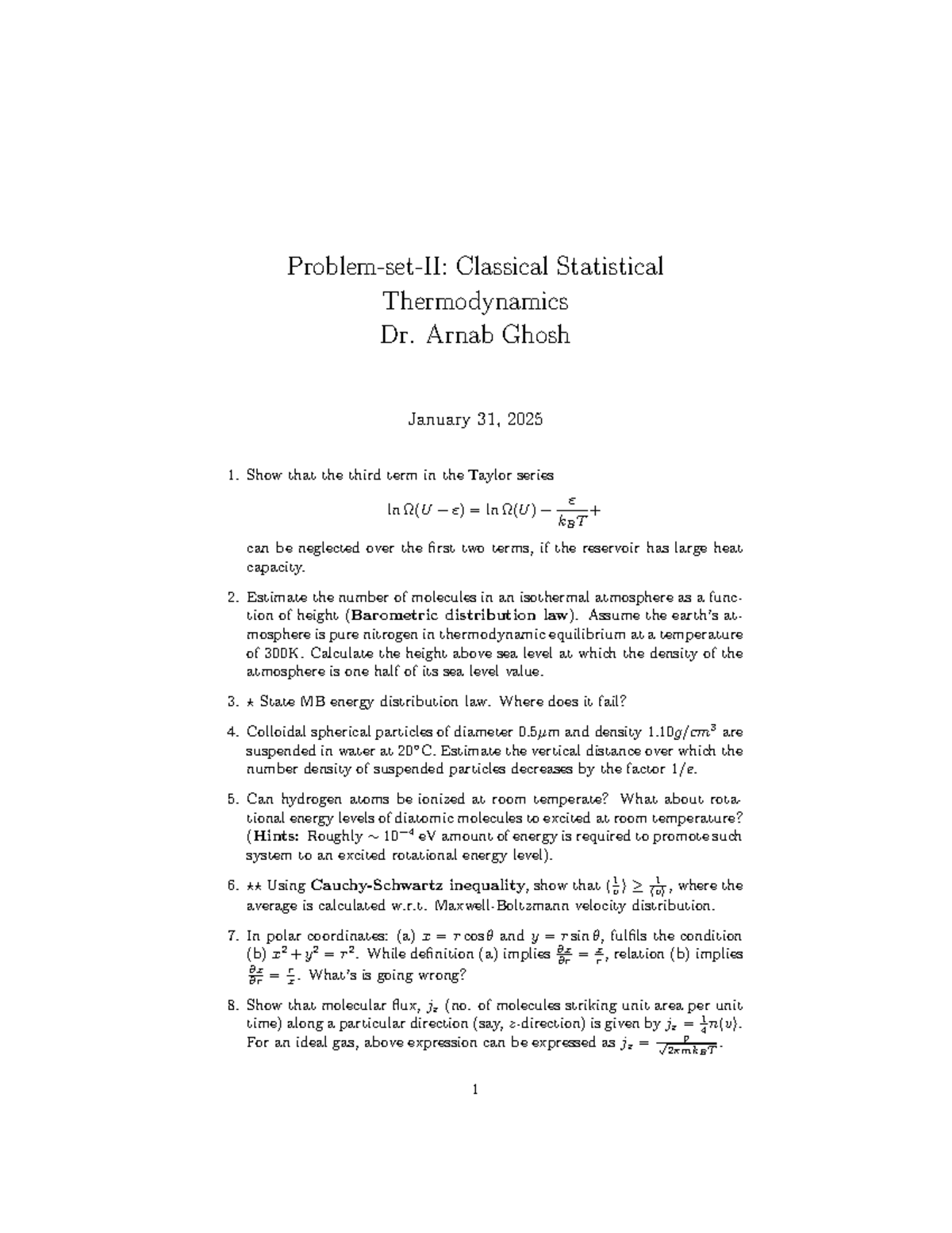 Classical Statistical Thermodynamics: Problem Set 2 (Course Code: PHYS ...