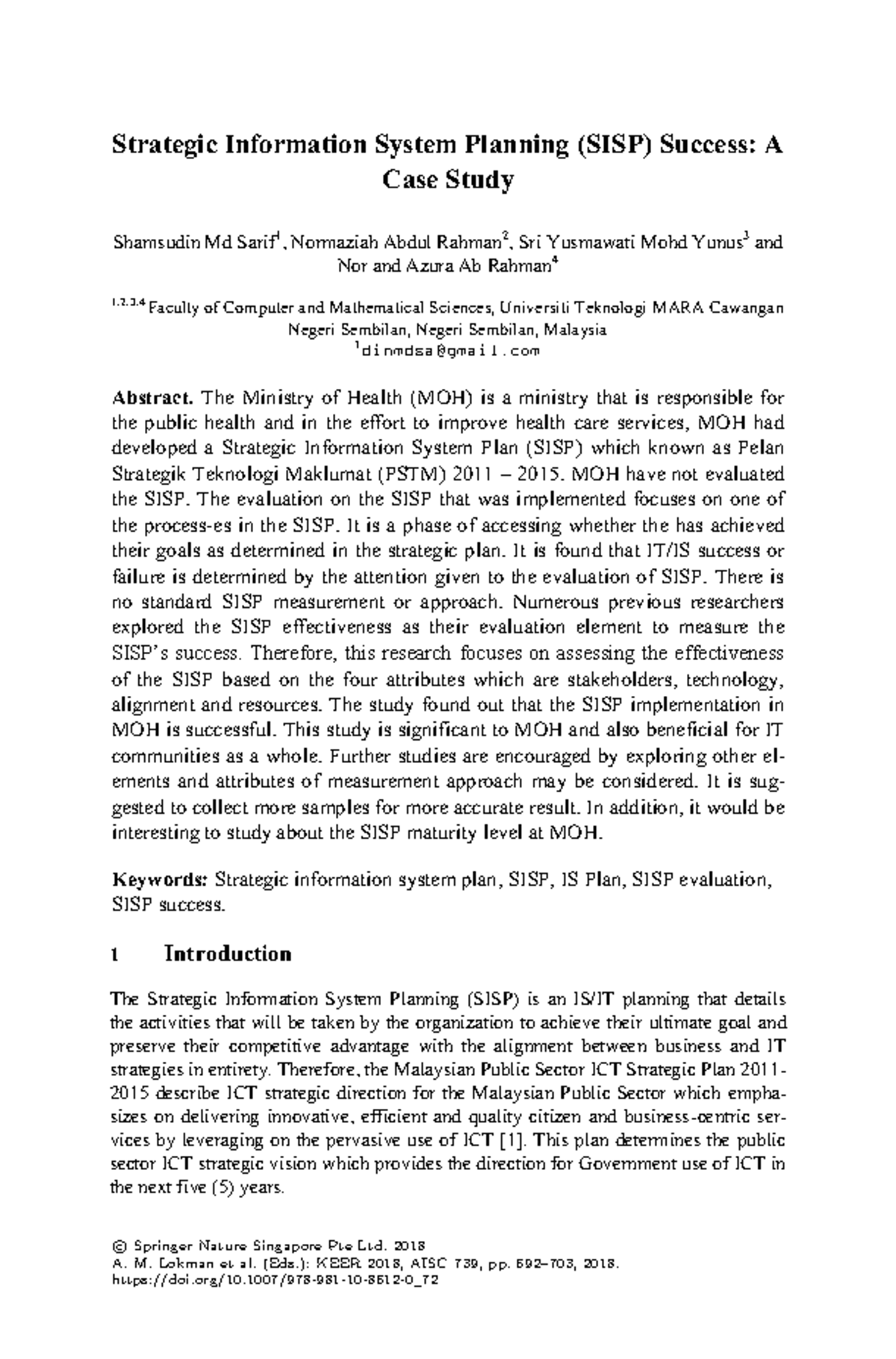 SISP Success Evaluation: A Case Study in Malaysian Ministry of Health ...