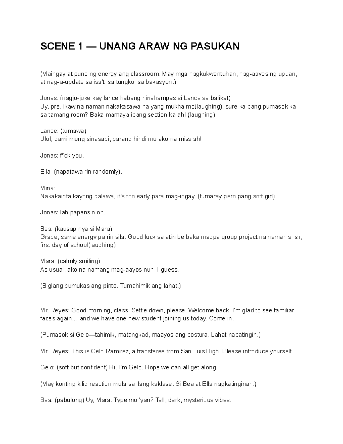 SCENE 1: UNANG ARAW NG PASUKAN - SCRIPT NG HORROR FILM - Studocu