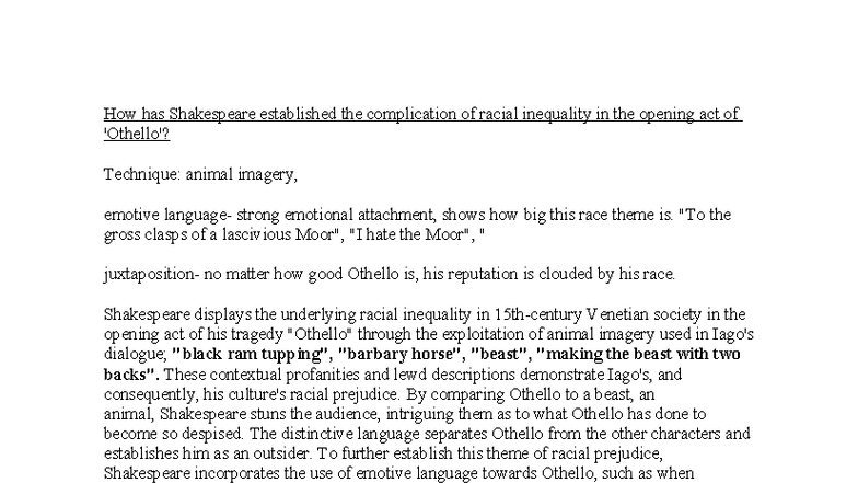 Othello Essay 1: Racial Inequality in Act One - Analysis of Language ...