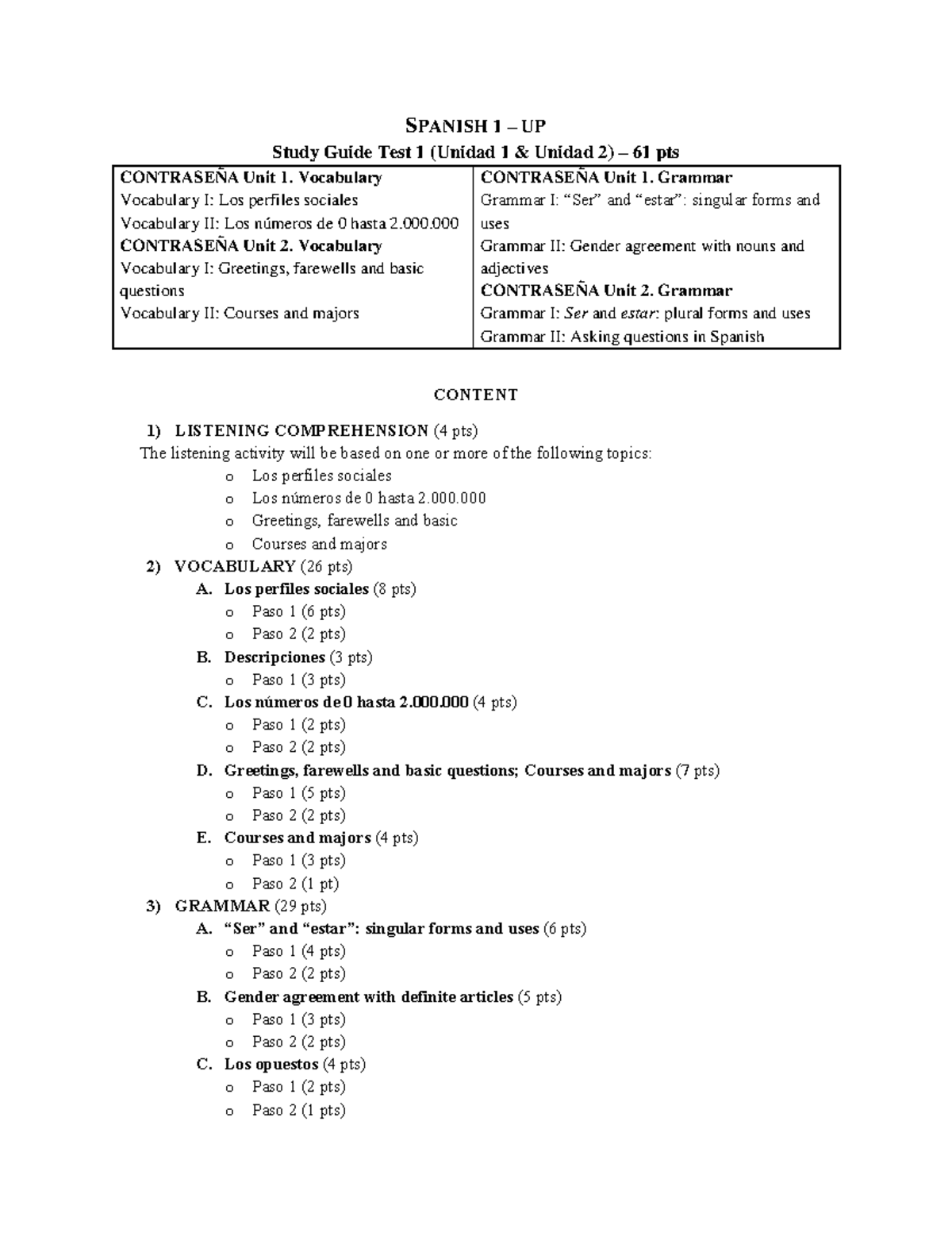 SPAN 1 Study Guide - Test 1 Vocabulary & Grammar for Units 1 & 2 - Studocu