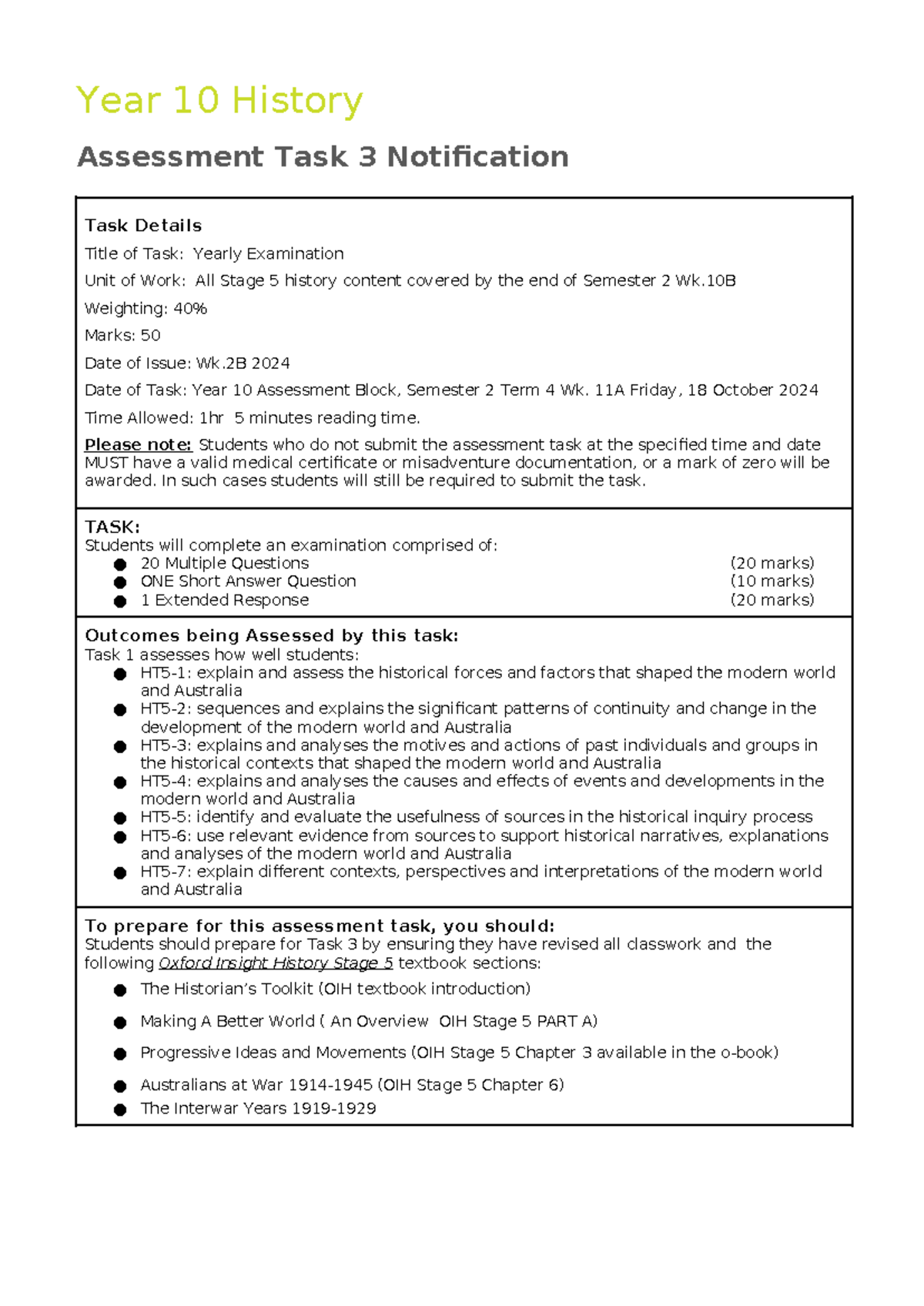 Year 10 History HST 2024 Exam - Assessment Task 3 Overview - Studocu