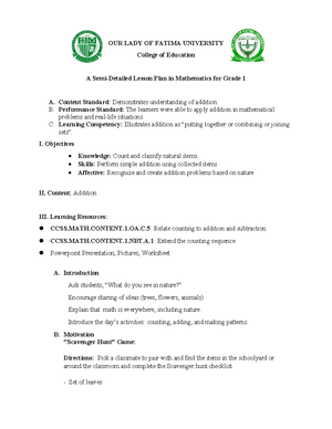 Detailed Lesson Plan MATH inquiry based - Content Standard The learners ...