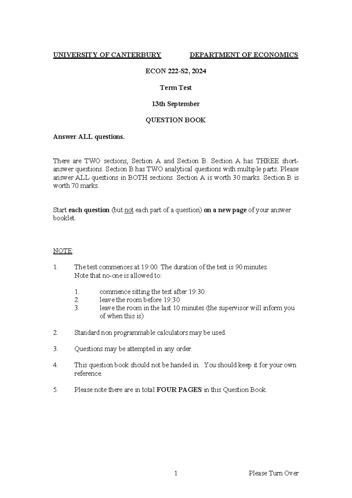 ECON 222 S2 2024 Midterm Test - Question Book & Guidelines - Studocu