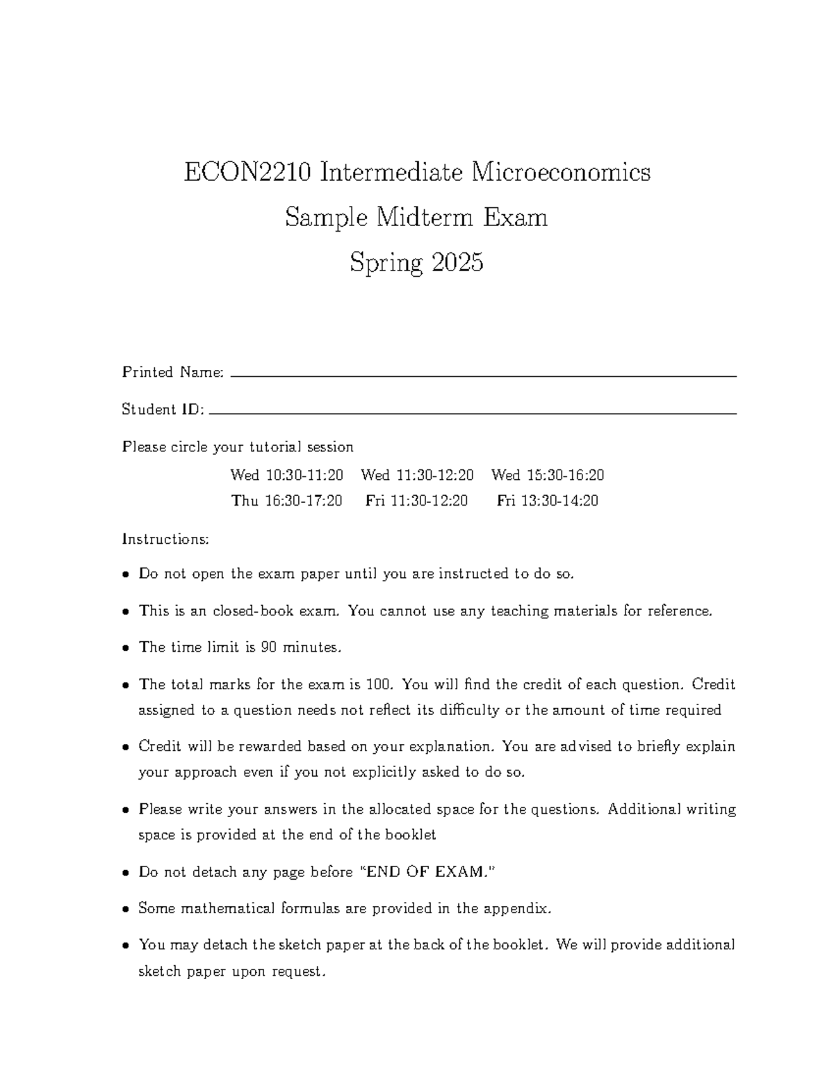2025S sample midterm exam - ECON2210 Intermediate Microeconomics Sample ...