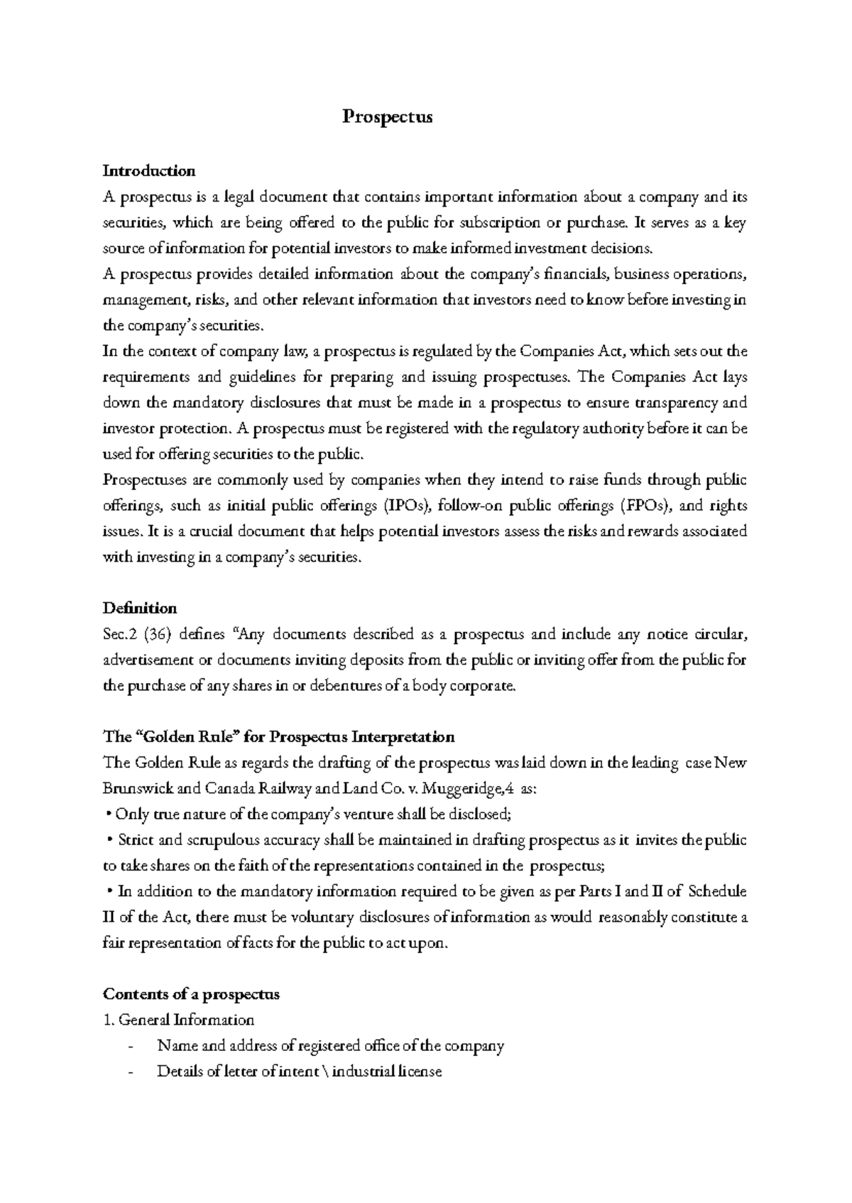Prospectus Overview: Key Insights for Company Law (CL 101) - Studocu