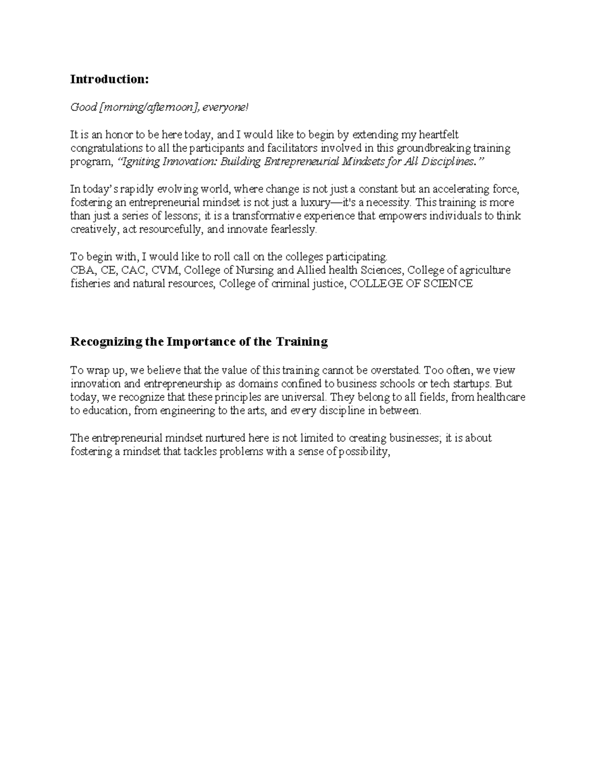 Training Script: Igniting Innovation - Building Entrepreneurial ...