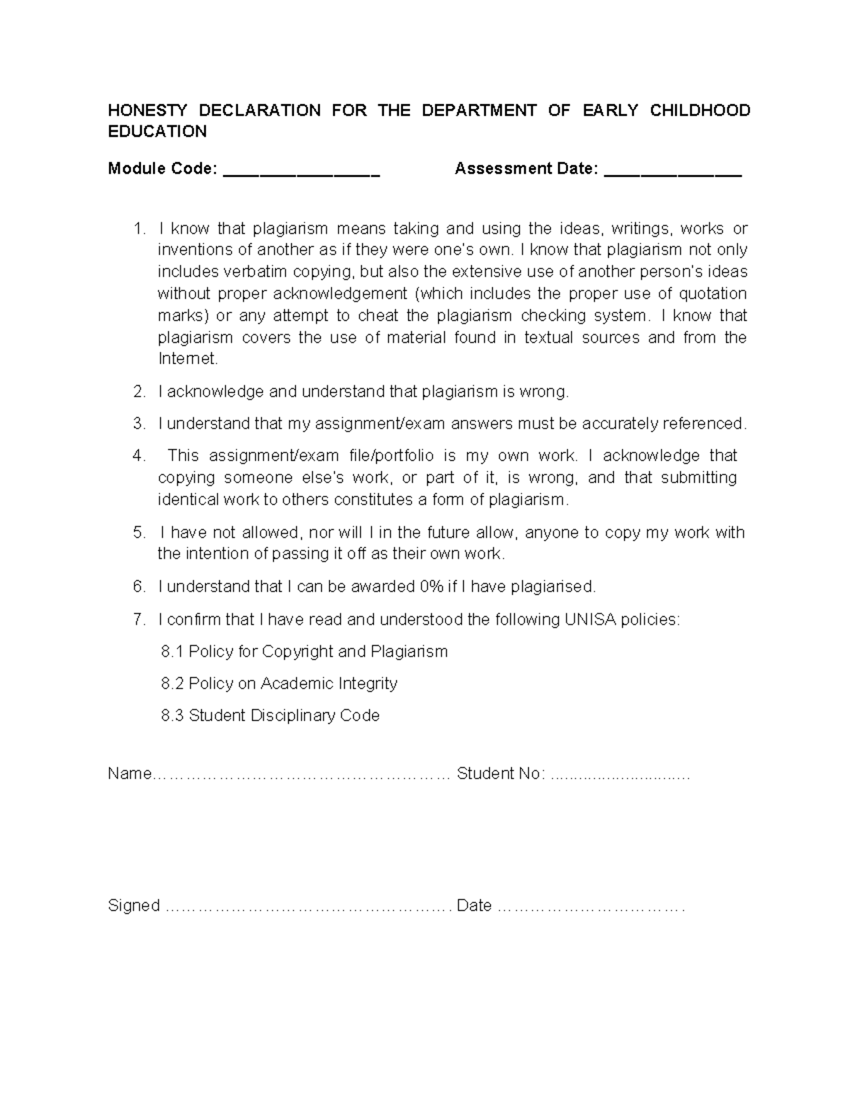 Honesty Declaration for Early Childhood Education Module Code ...