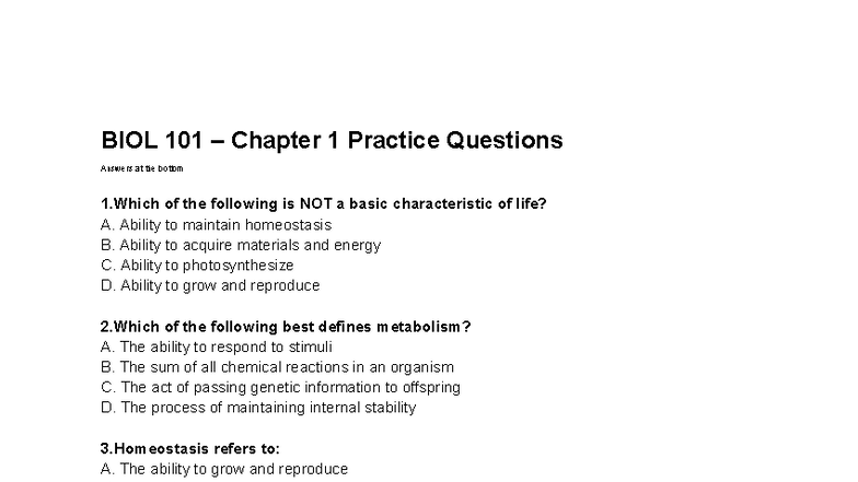 BIO 102 Chapter 1 Practice Questions with Answers - Studocu