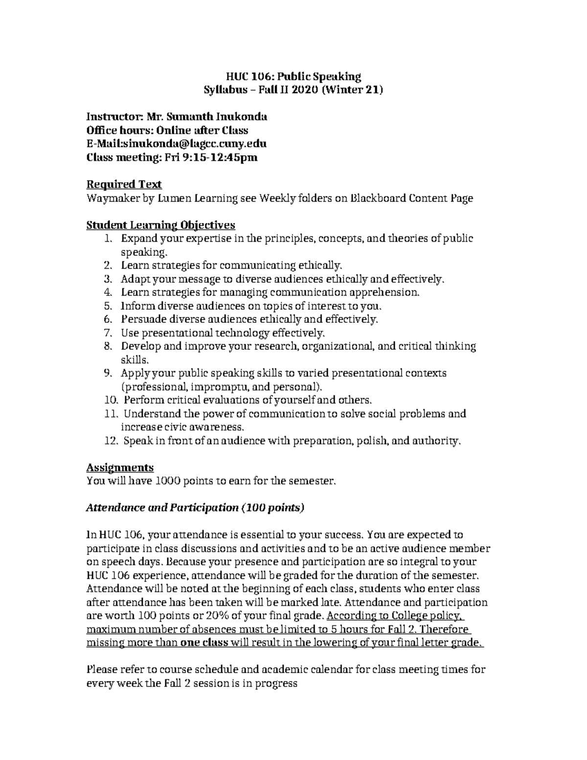 HUC106 Fall II 2020 Public Speaking Syllabus and Course Details - Studocu