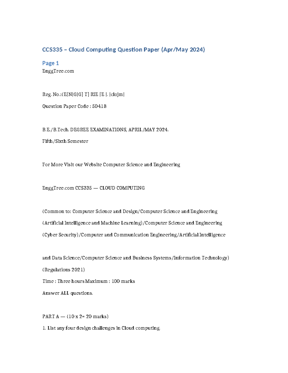 CCS335 Cloud Computing Question Paper 2024 - Degree Exam - Studocu