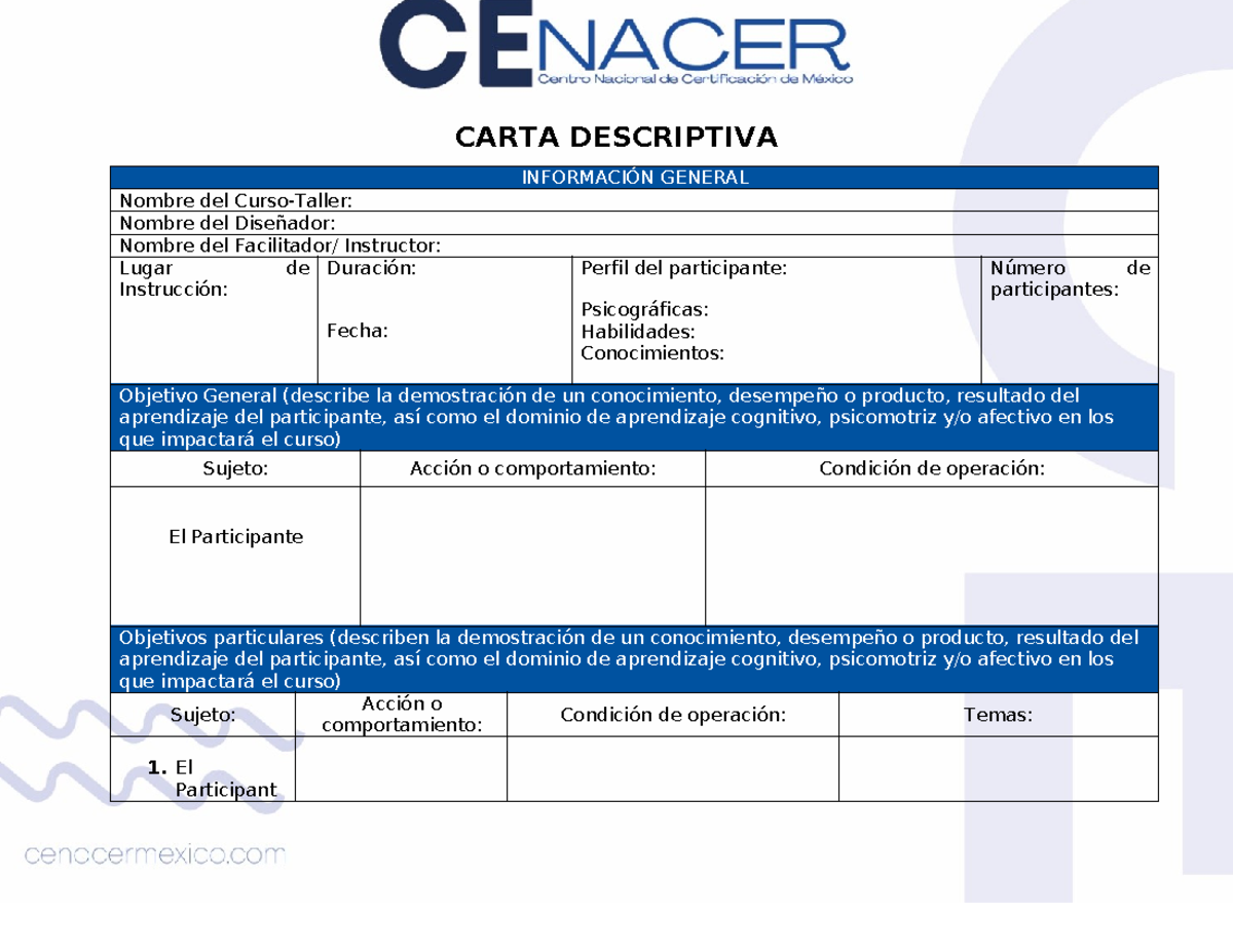 Plantilla de Carta Descriptiva para Talleres y Cursos - Studocu