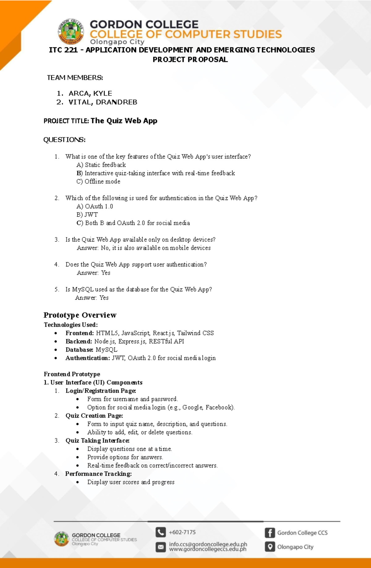 ITC 221 Project Proposal: Quiz Web App Questions & Prototype Overview ...