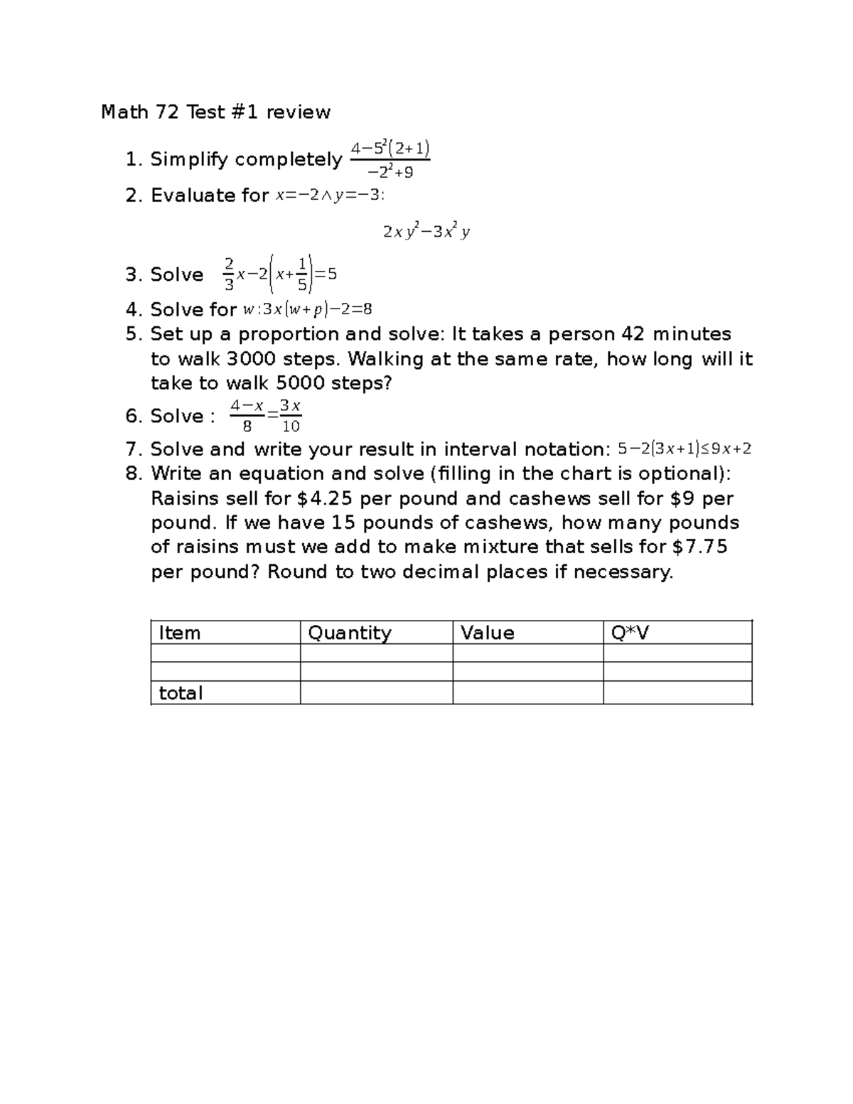 Math 72 Test #1 Review: Concepts & Practice Problems - Studocu