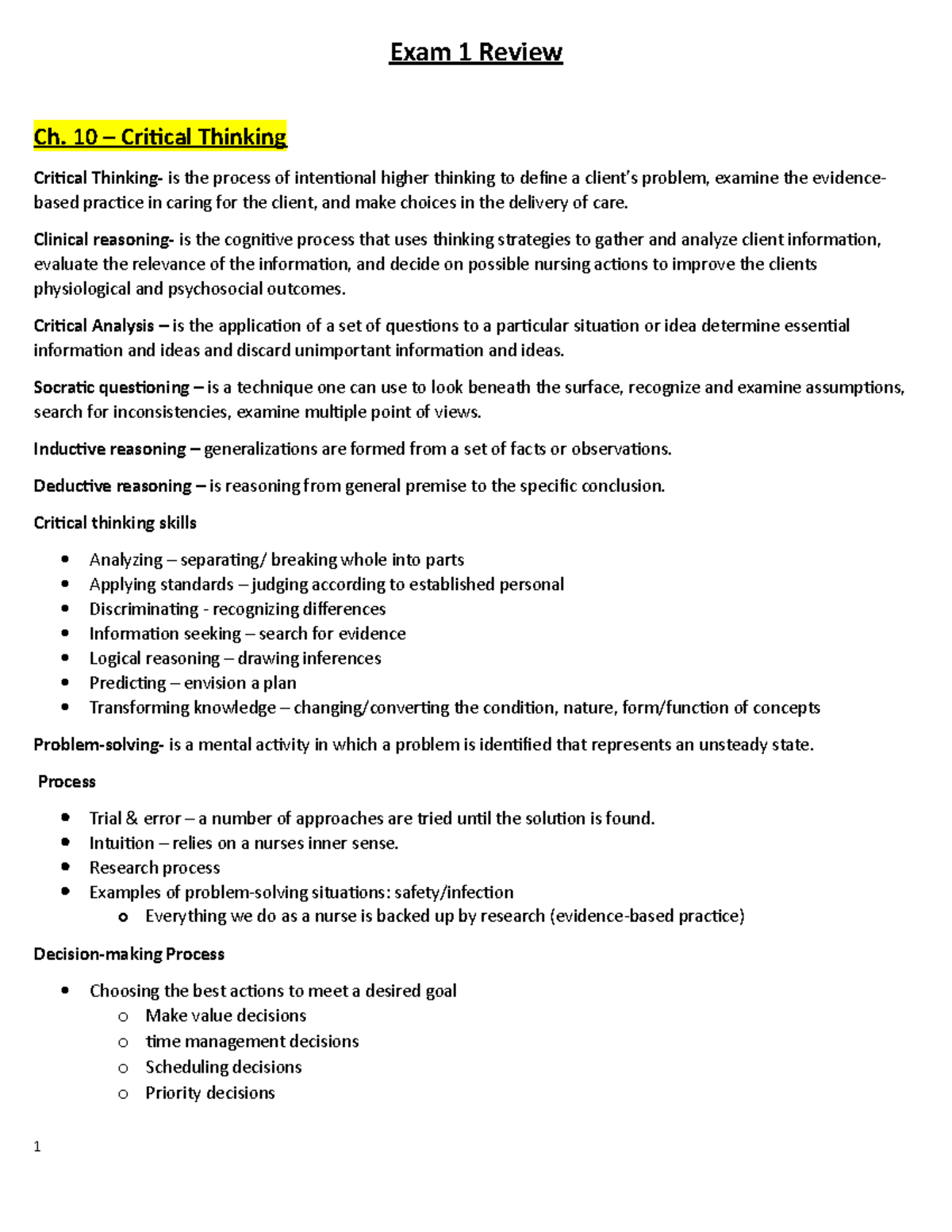 Nur155 Exam 1 Study Guide: Critical Thinking & Nursing Process - Studocu
