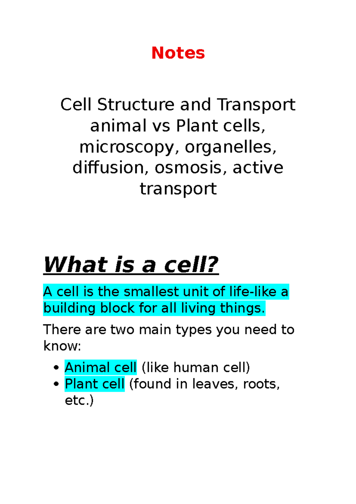 Notes on Cell Structure & Transport: Animal vs Plant Cells - Studocu