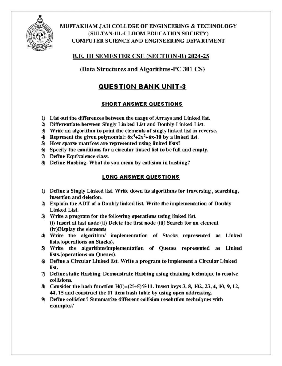 DSA UNIT-4 Question BANK - MUFFAKHAM JAH COLLEGE OF ENGINEERING ...