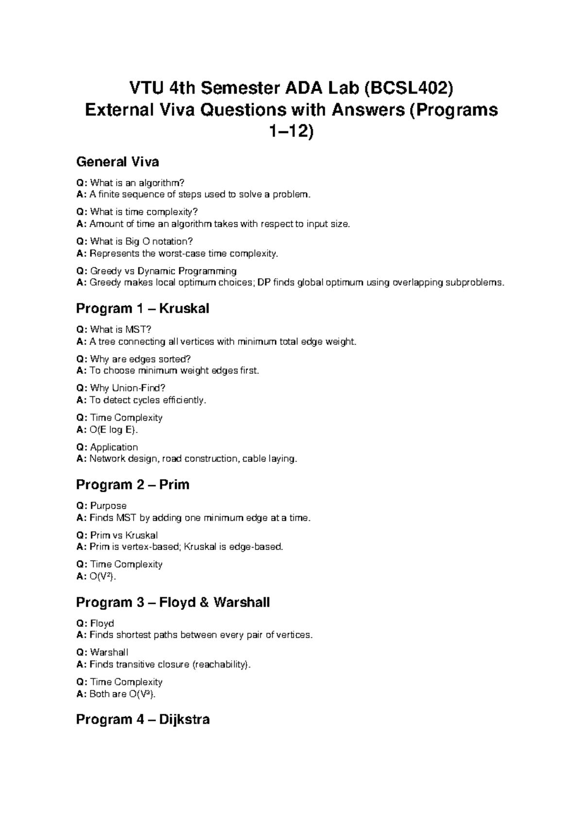 VTU 4th Sem ADA Lab (BCSL402) External Viva Questions & Answers - Studocu