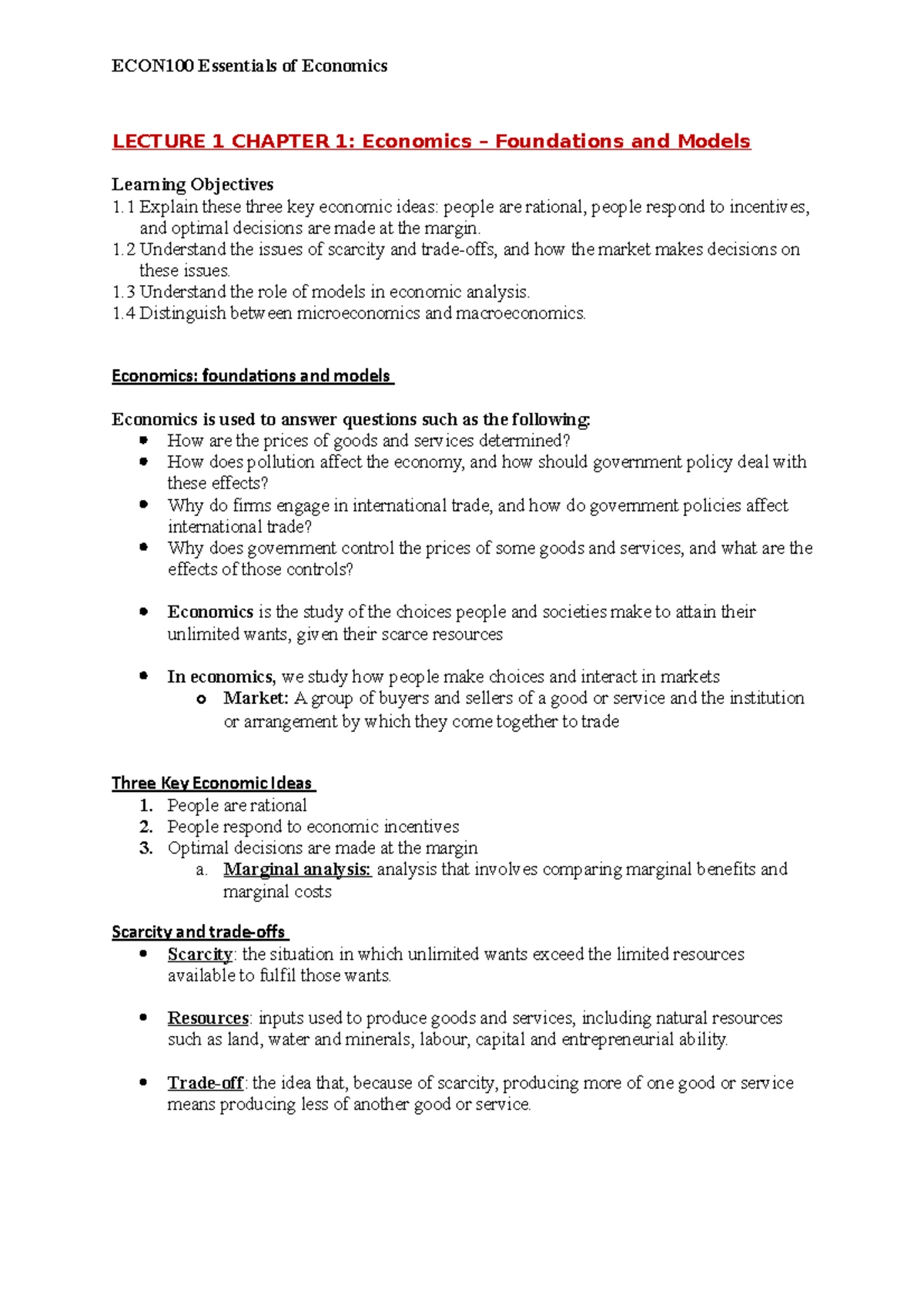 ECON100 Notes for mid session - Tutorial 1: Scarcity- unlimited wants ...